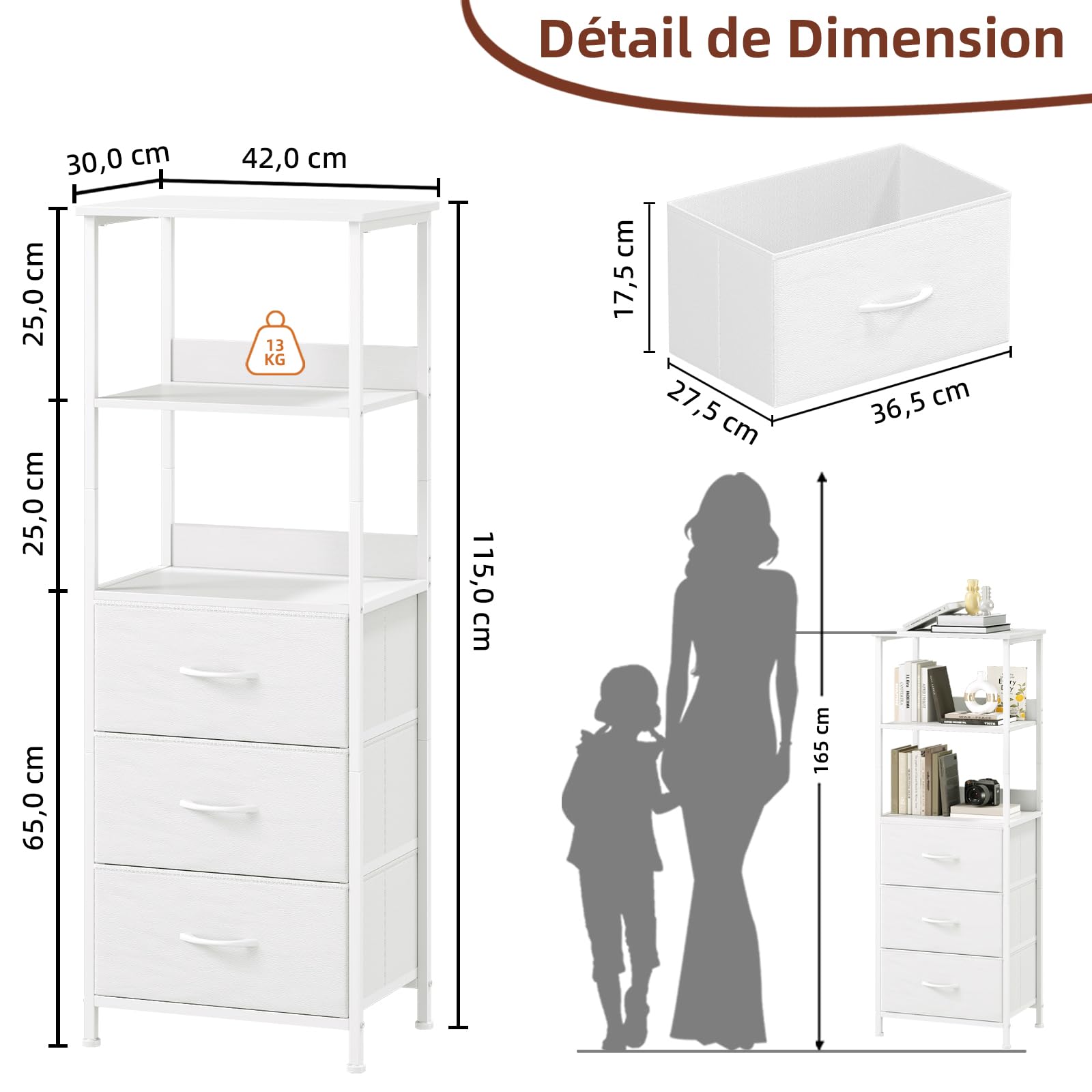 Somdot Commode Chambre, Commode Haute avec 3 Tiroirs en Tissu et Cadre en Acier, Meuble de Rangement pour Salon, Chambre, Bureau, Couloir Entrée, 30P x 42l x 115H, Blanc