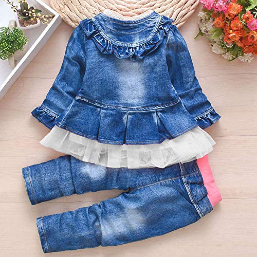 Image of Peacolate 6M-4Years Spring Fall Baby Girls Clothing Set 3pcs Long Sleeve Dress Denim Jacket and Jeans