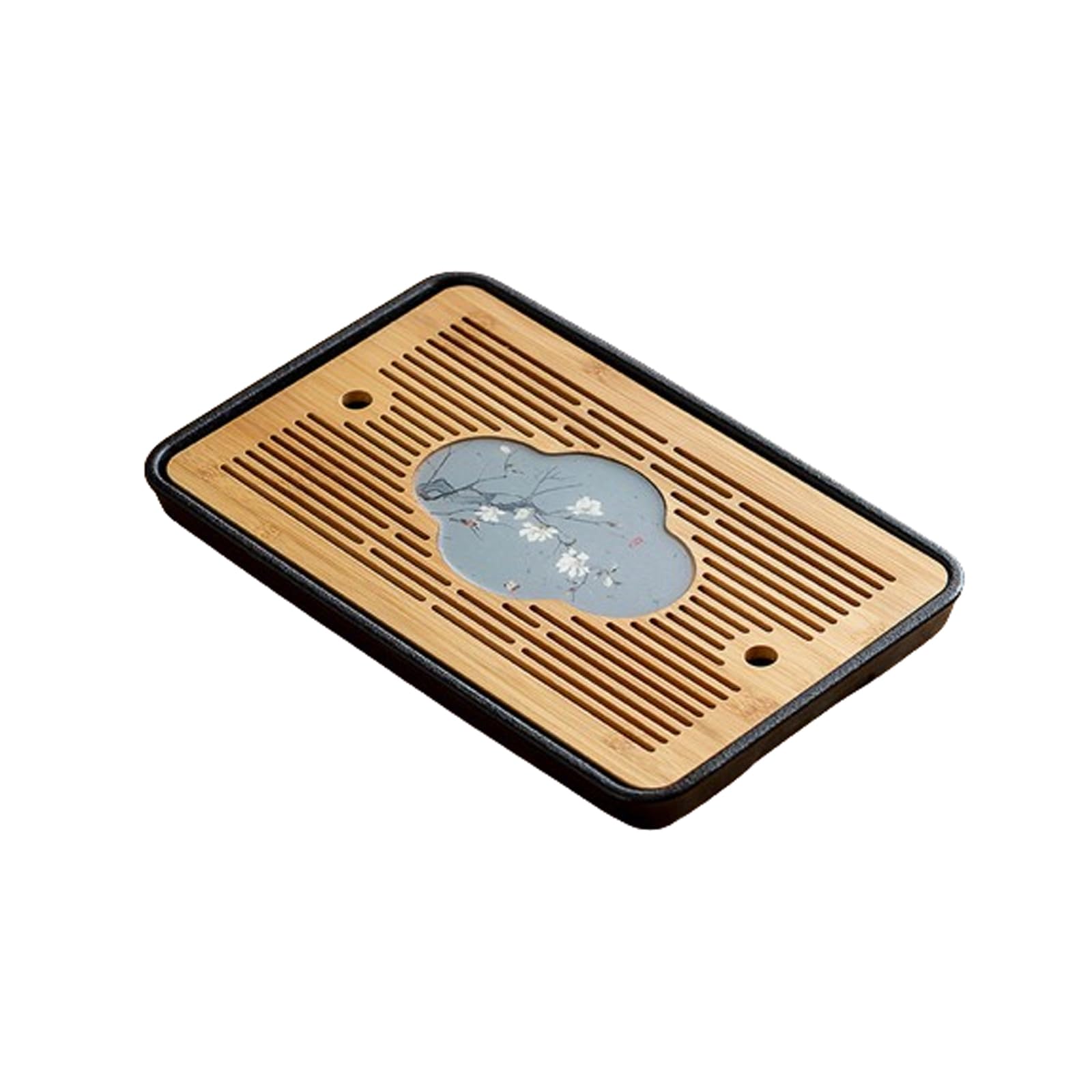 SYALEO Chinese Gongfu Bamboo Tea Tray w/Ceramic Chassis Water Storage Tea Tray Flower and Bird Decoration Kungfu Tea Set Serving Tray for Coffee Table