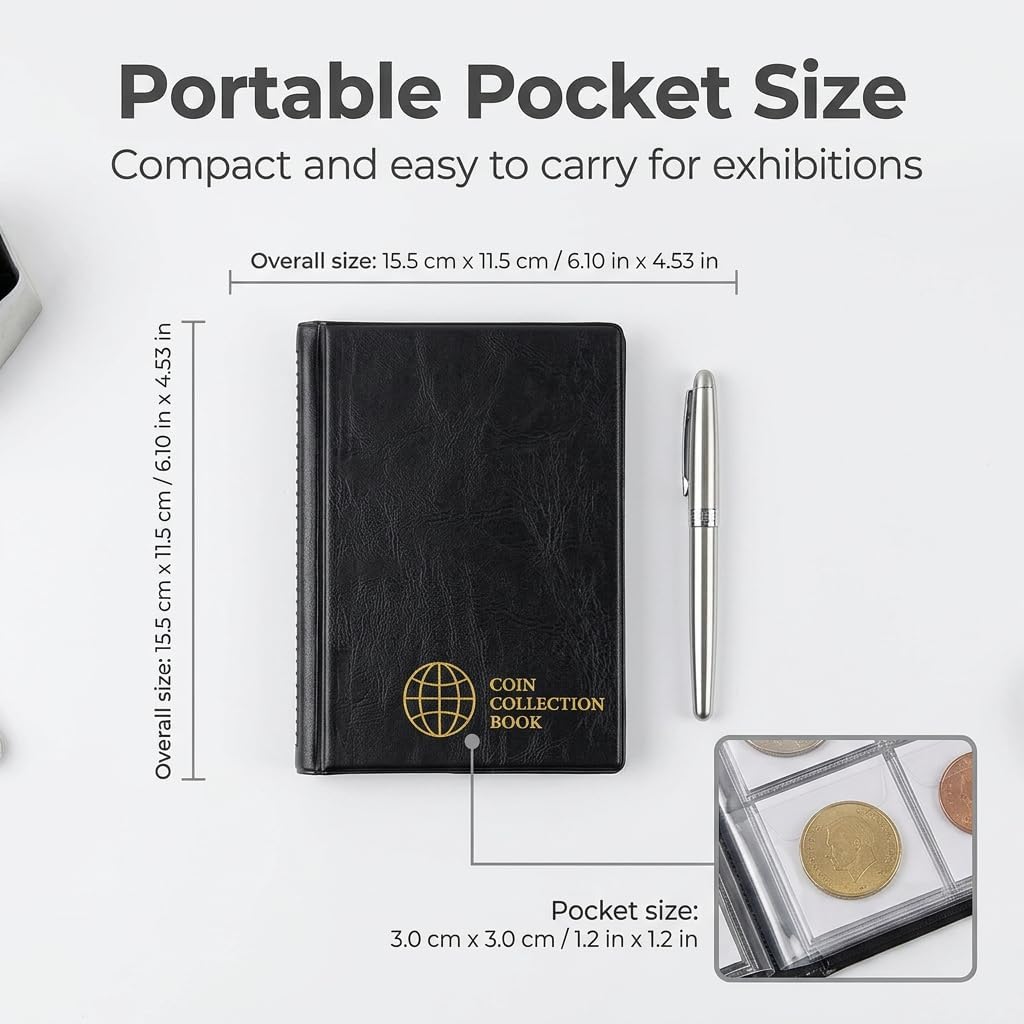 Coin Collection Album 120 Pockets 2 Euro Coin Storage Black 11.5 x 15.5 cm Grid 3 x 3 cm Coin Holder Numismatic Book for Collectors