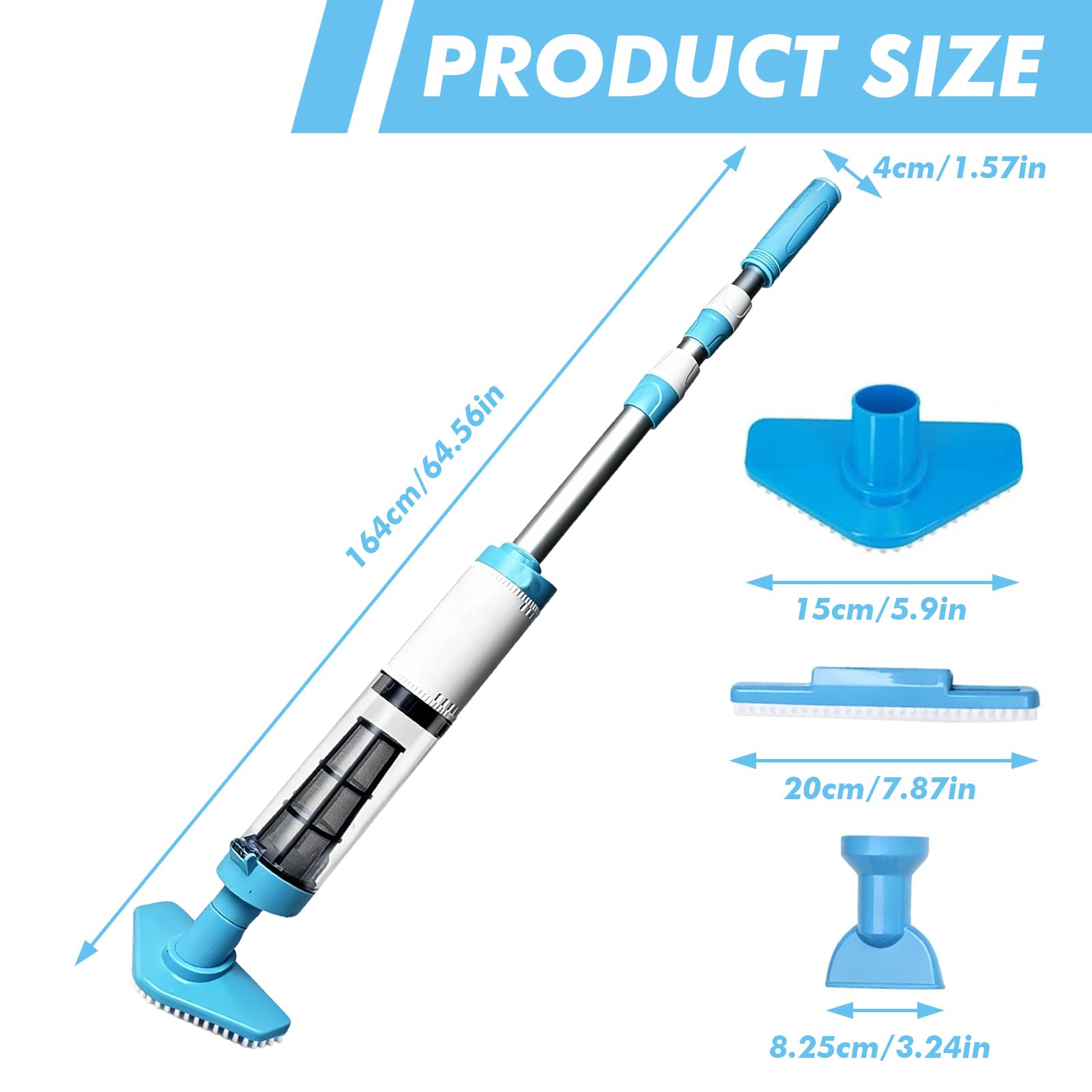 3 en 1 Aspirateur de Piscine sans Fil Aspirateur avec 165cm Perche Rétractable Nettoyeur Électrique à Batterie Rechargeable Portable Hors Sol Spirateur 90 Min D’Autonomie pour Piscine,Jacuzzi,Spa