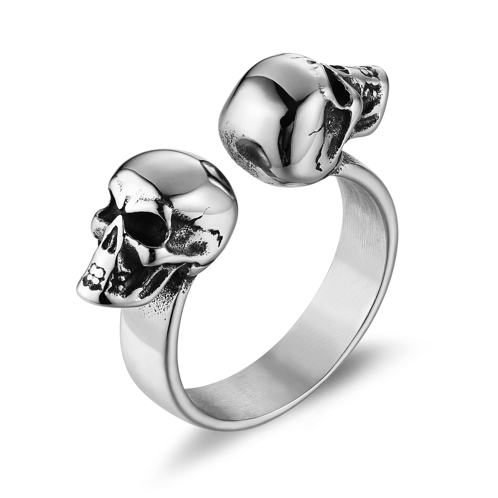 HZMANStainless Steel Double Head Skull Ring for Men Fashion Punk Biker Goth Rings Size 7-11