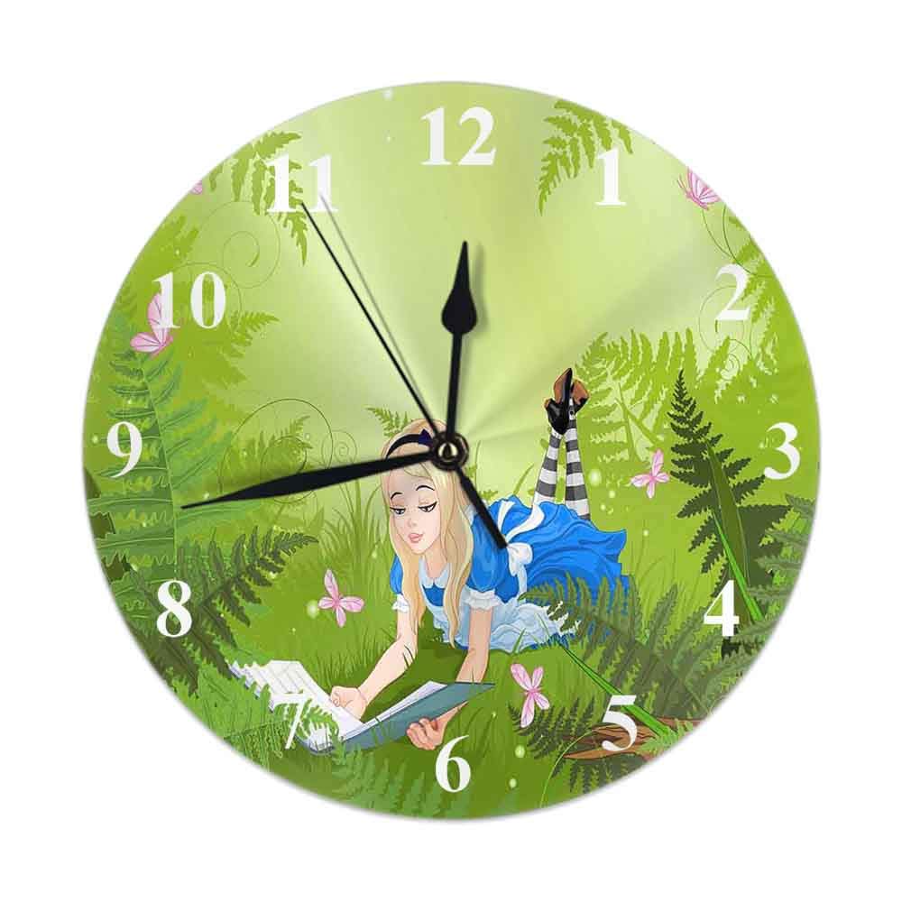 Hdadwy Wonderland Alice Clock Reading A Book On Fern Lawn Wall Clock Silent Non-Ticking 10 Inch Battery Operated Round Wall Clocks Home Decor For Living Room Kitchen Bedroom Office
