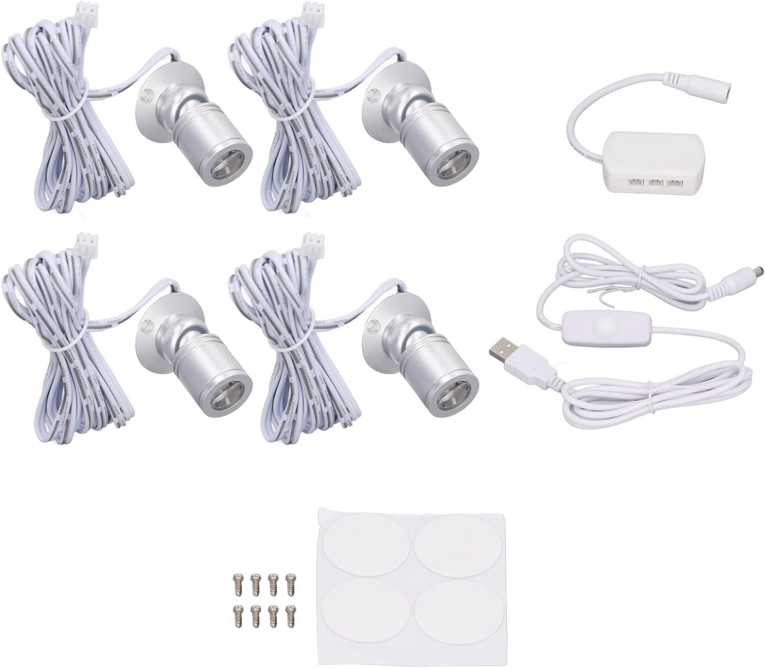 Pack of 4 Dimmable LED Display Spot Lights, USB Powered 5V Mini Adjustable Spotlight for Jewelry Display Cabinet, Porch and Entryway (White Light #14)