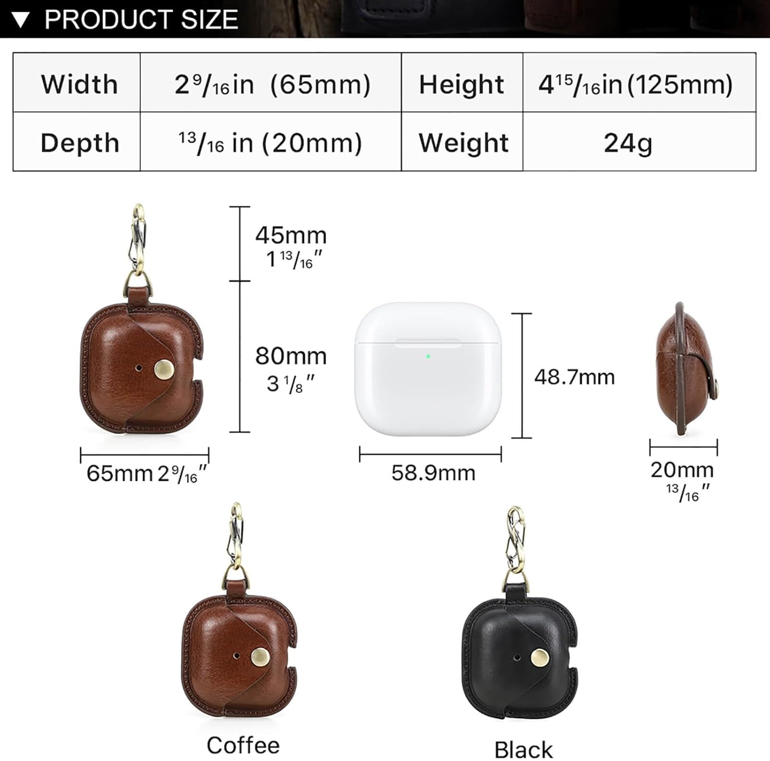 Hiram Full Grain Leather AirPods 4 Case Cover, Wireless Bluetooth Earphone Protective Holder Compatible with Airpods 4th Generation 2024, with Keychain Hook and Metal Snap