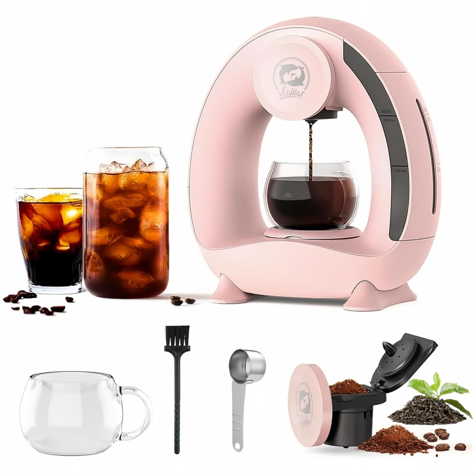 i Cafilas Mini Q Americano zaparzacz do kawy mielonej, 2 w 1, Mini One Cup, zaparzacz do kawy z filtrem do kawy, elektryczny ekspres do kawy mini, 120-240 ml, różowy