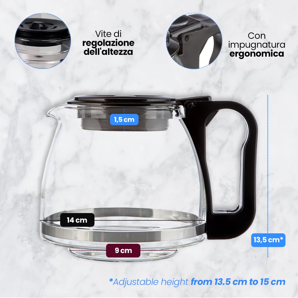 Anakel Home Caraffa in vetro per Macchine da Caffè Americano con Altezza regolabile | 13,5-15 cm di altezza x 14 cm di larghezza | Caraffa per Caffè con Coperchio, nera
