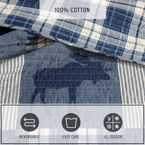 Image of Eddie Bauer - Twin Quilt Set, Naturally Soft Cotton Bedding w /a Lightweight Feel for All-Year Comfort, Reversible w /Matching Pillowcase, 2 Piece Bed Set (Moose Plaid /Pinstripe /Patchwork Blue)