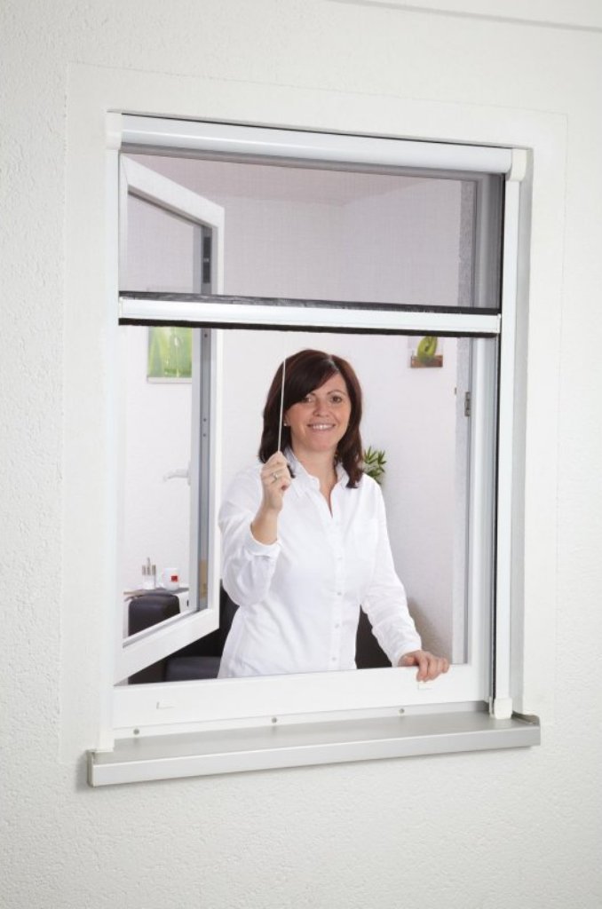 Fliegengitter Rollo für Fenster mit Fiberglasgewebe - grau - 130 x 80 cm weiß kann geschnitten werden