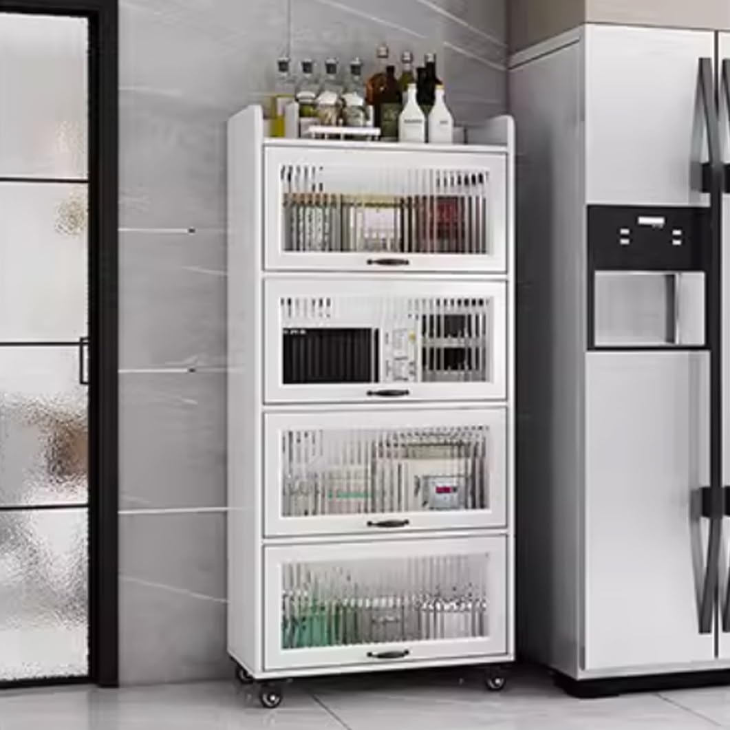Carrello portaoggetti sottile a 5 ripiani con ruote, porte strette in vetro temperato per cucina e bagno, design salvaspazio (bianco, 40 x 40 x 165 cm)