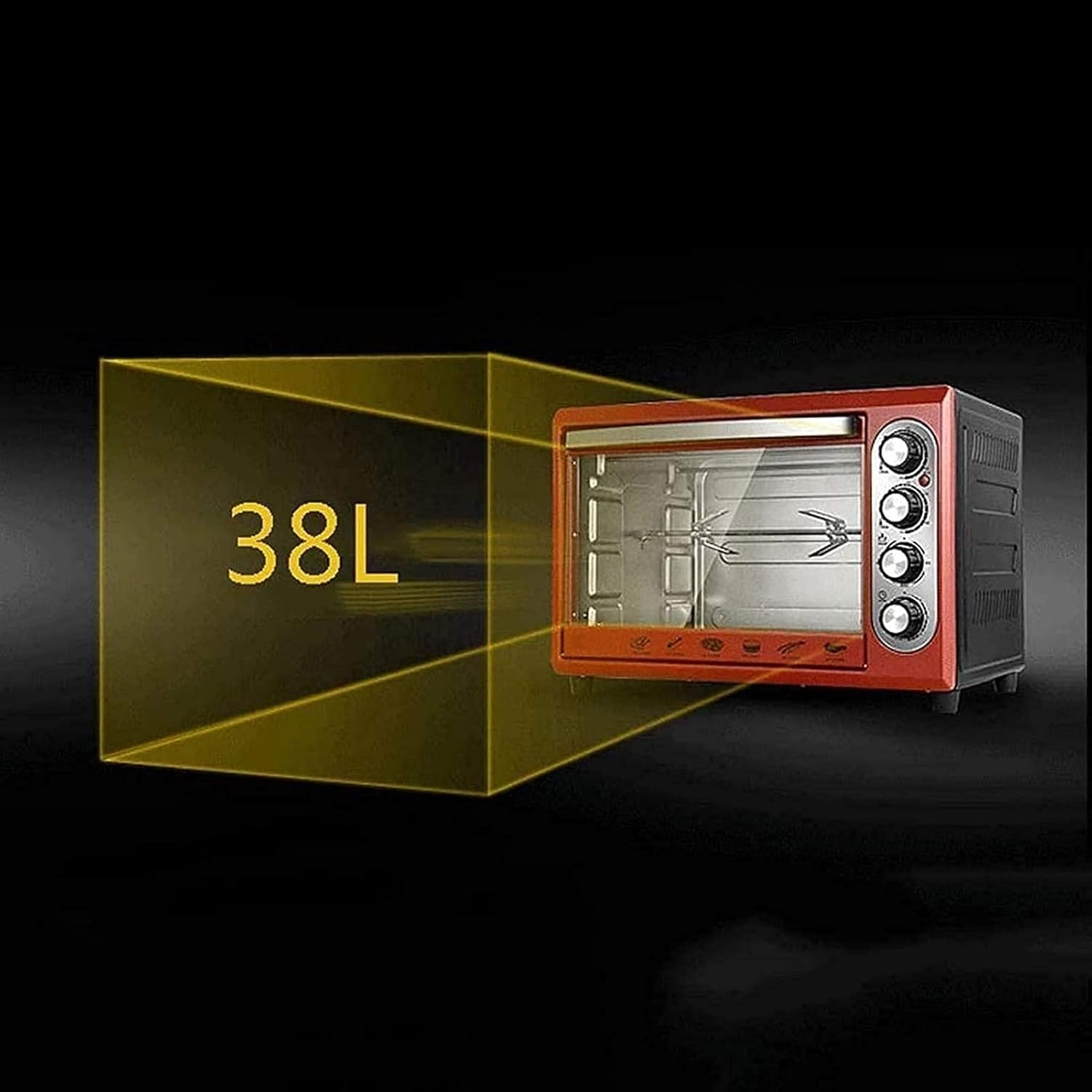 Tabletop Electric Oven 38L Mini Oven Adjustable Temperature 0-250 ℃ and 60 Minute Timing Household 360 ° Rotating Grill Fork Built-in Lighting Aesthetic and l