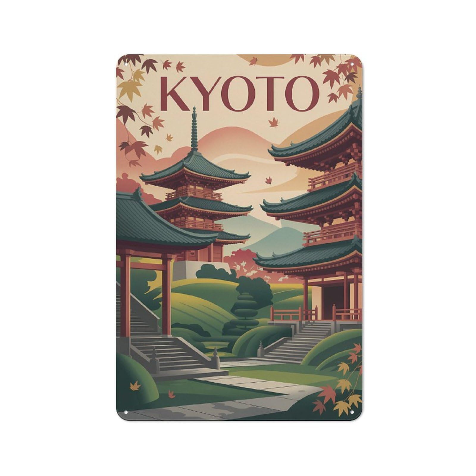 Junmoney Style-2 Tin Wall Plaque 30X20cm With Kyoto Japanese Architecture Travel For Studio Or Craft Room, Suited To Studio Decor Lovers
