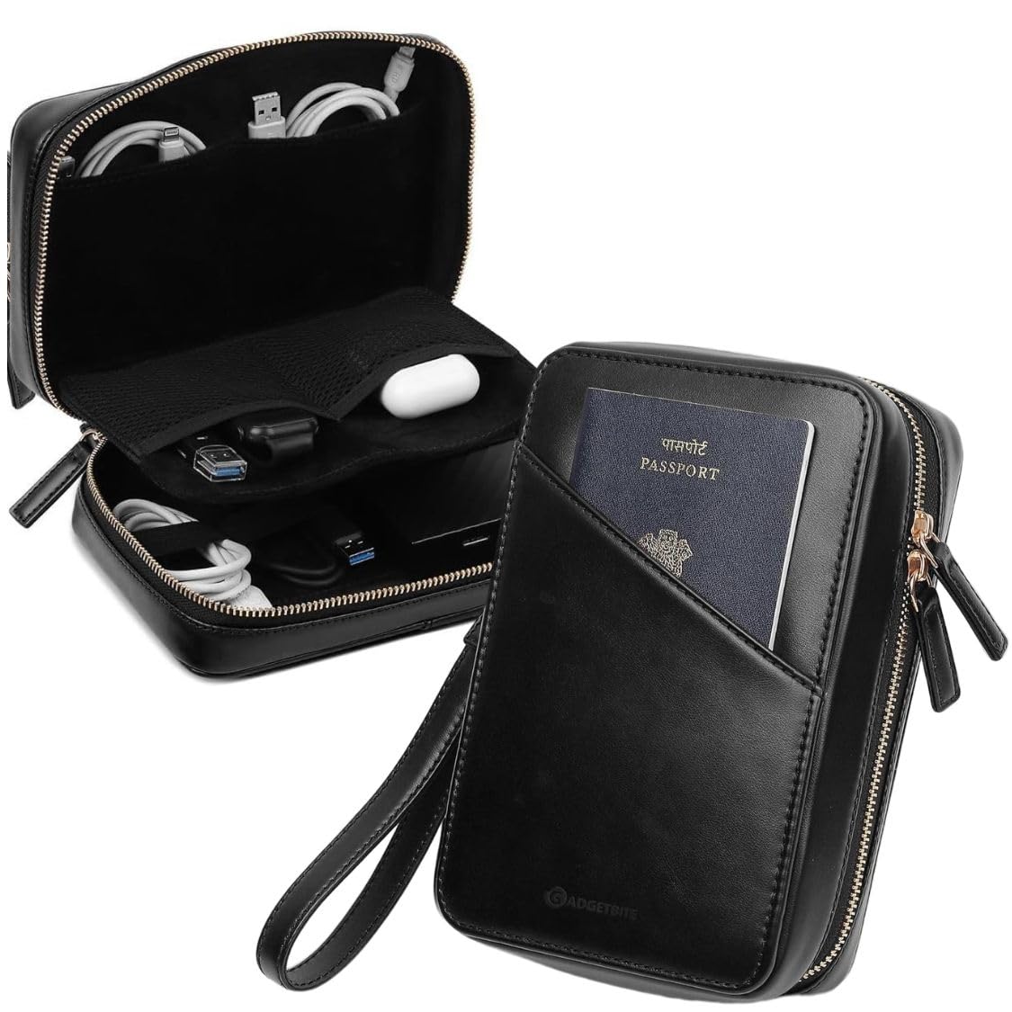 GadgetBite Faux Leather Travel Accessories Organiser Portable Gadget Storage Bag for Passport IDs USB Cable Earphone Power Bank Charger Hard Disk & Digital Gadgets Regular Zippered Tech Kit – Black