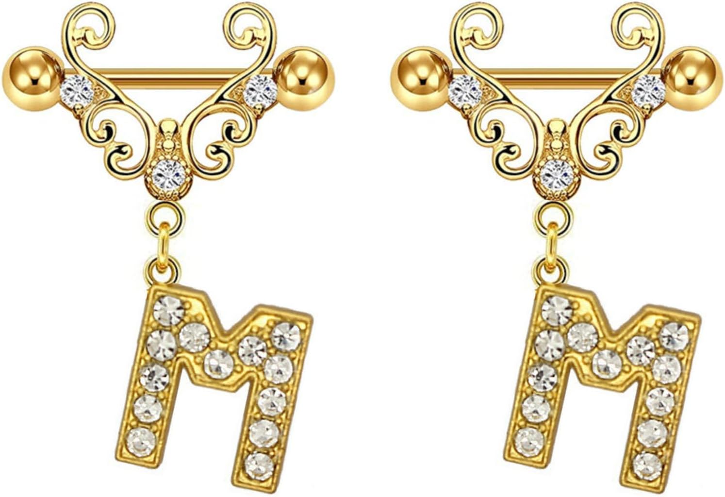 2Pcs Gold Nipple Rings Name Letter Dangle for Women 14GA 316L Surgical Steel Cubic Zirconia Hypoallergenic Nipple Piercing Jewelry