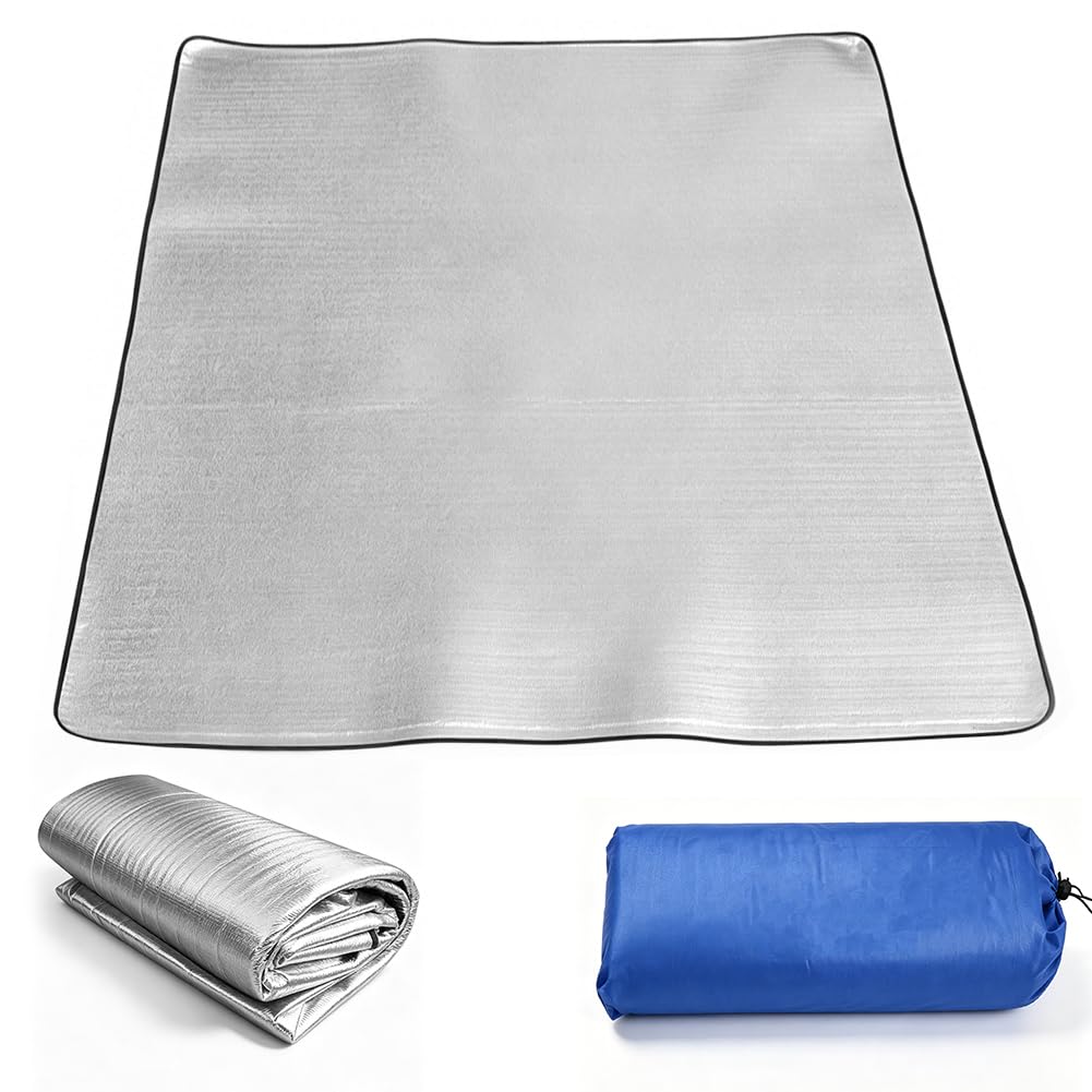 Matelas thermique de camping, isolant en mousse en aluminium, 200 x 200 cm, tapis de couchage pour camping, couverture thermique, tapis de sol, pour la randonnée, le trekking, les activités de plein