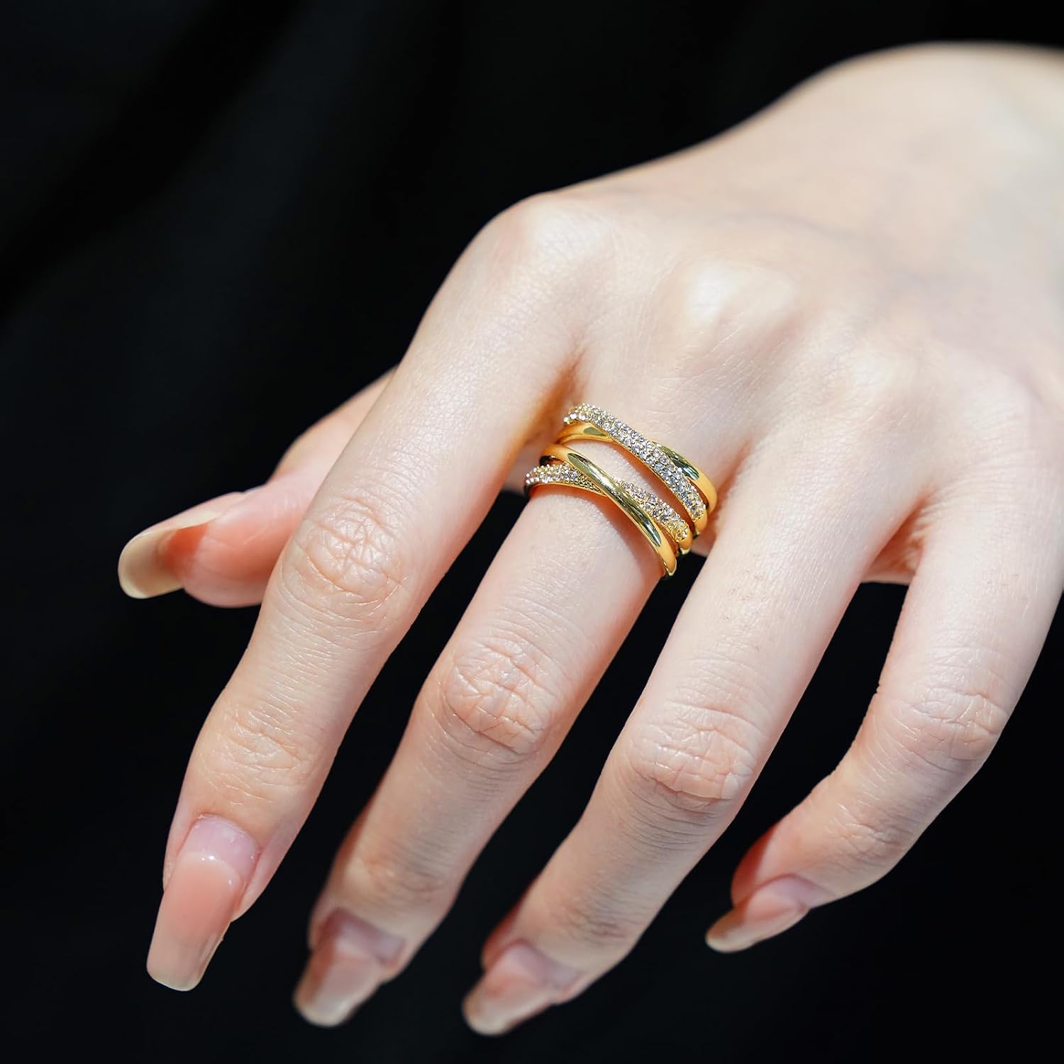 Aura & Irena 18K Gold/Platinum Plated Wide Band Rings for Women - Adjustable Thick Statement Rings with Cubic Zirconia, Non-Tarnish Cocktail Rings, Valentine's Day gifts