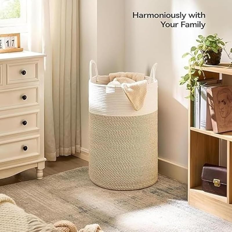Image of Storage Rope Laundry Hamper Basket for Clothes, Towels and Blankets in Livingroom, Bedroom, Laundry Room and Basket for Nursery Storage (Size - 14 inch x 14 inch x 16 inch) (White Beige Mix)