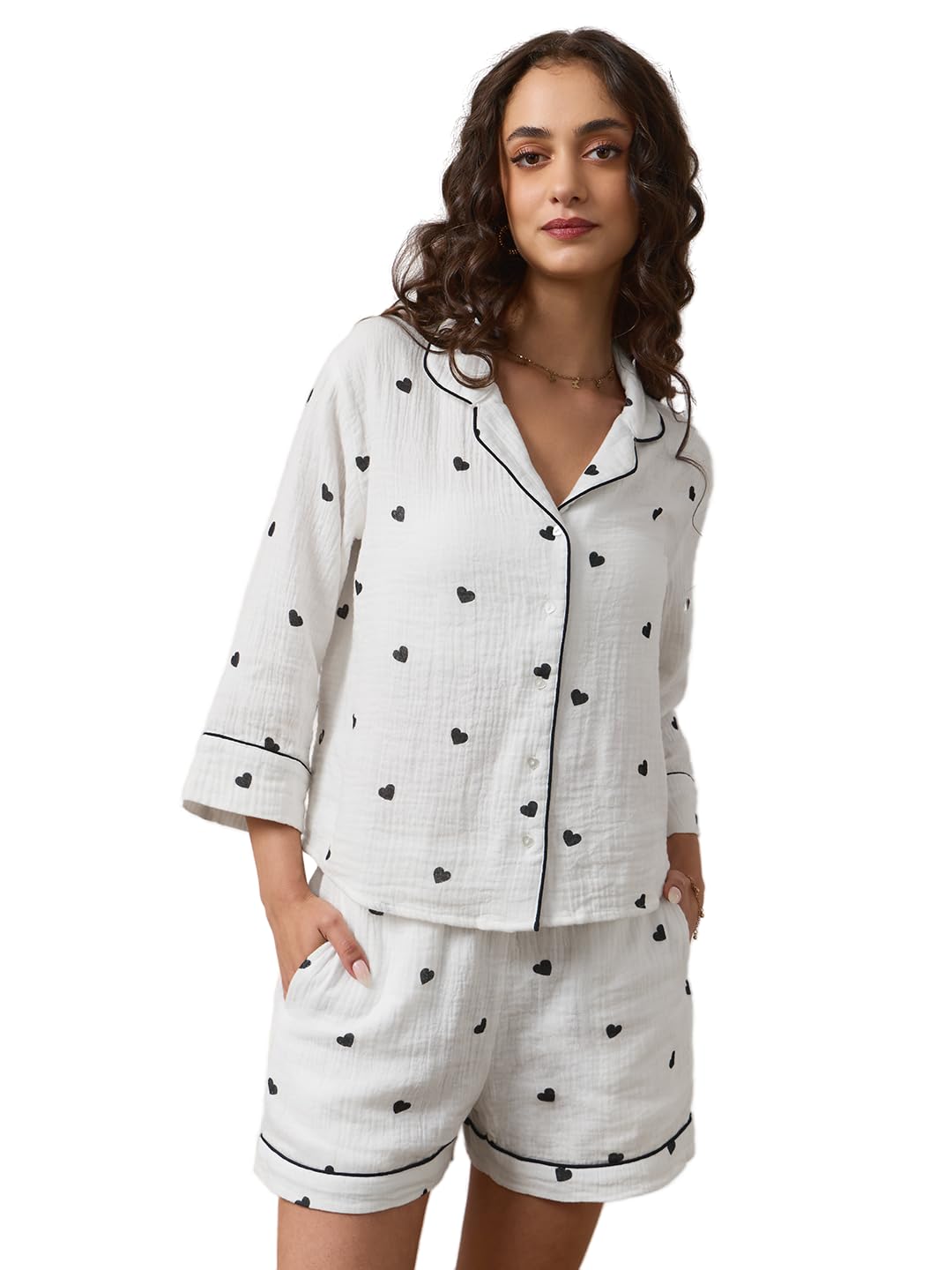 the souled store Night Shirt: Hearts Women and Boys Full Length Sleeve Collared Neck White All Over Printed Black Heart Cotton Regular Fit Lightweight Everyday Night Lounge Shirt-picture-12