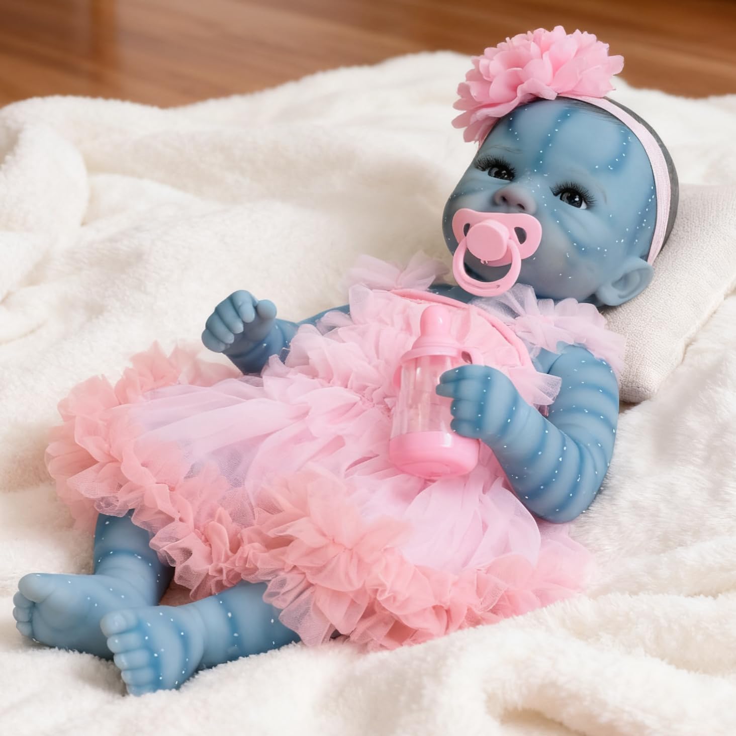 Pinky 19 Inch Reborn Baby Doll Avatar Full Body Vinyl Girl Realistic Newborn Dolls Painted Hair Real Life Elf Baby Dolls Toy for Kids Age 3 +