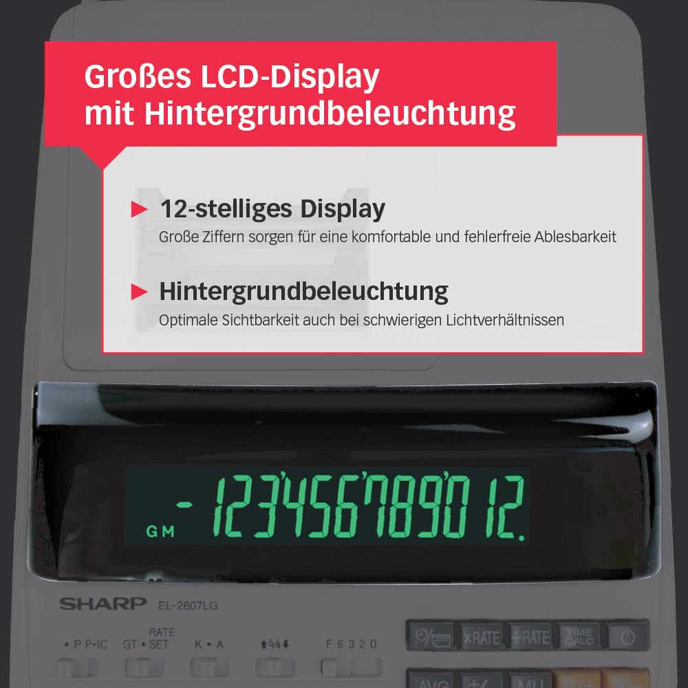 Sharp EL-2607LG Druckender Tischrechner 12-stellig, LCD Display, Heavy-Duty-Druckwerk, Tax/Währung, Schwarz/Rot Druck, Netzanschluss, Weiß