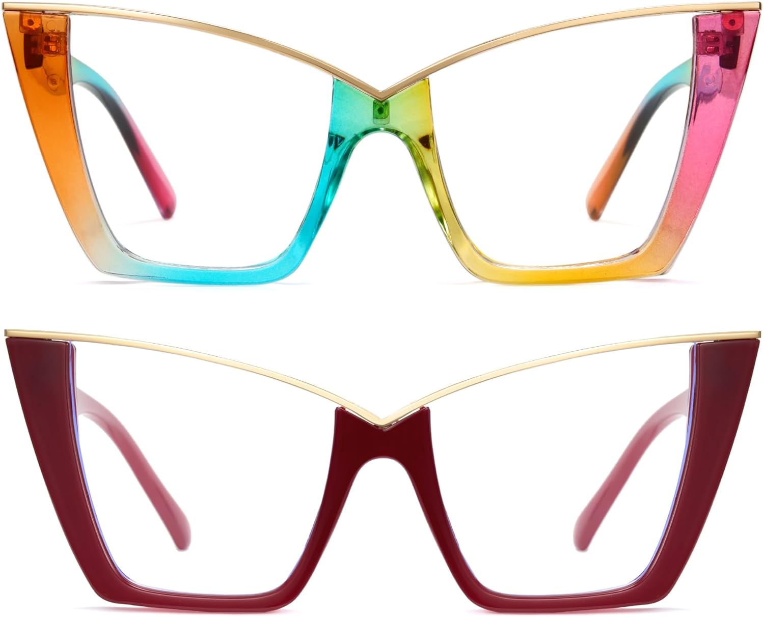 Cyxus 2 Pack Oversized Cat Eye Blue Light Glasses for Woman Reduce Strain UV Protection Stylish Fake Glasses（Rainbow+Black）