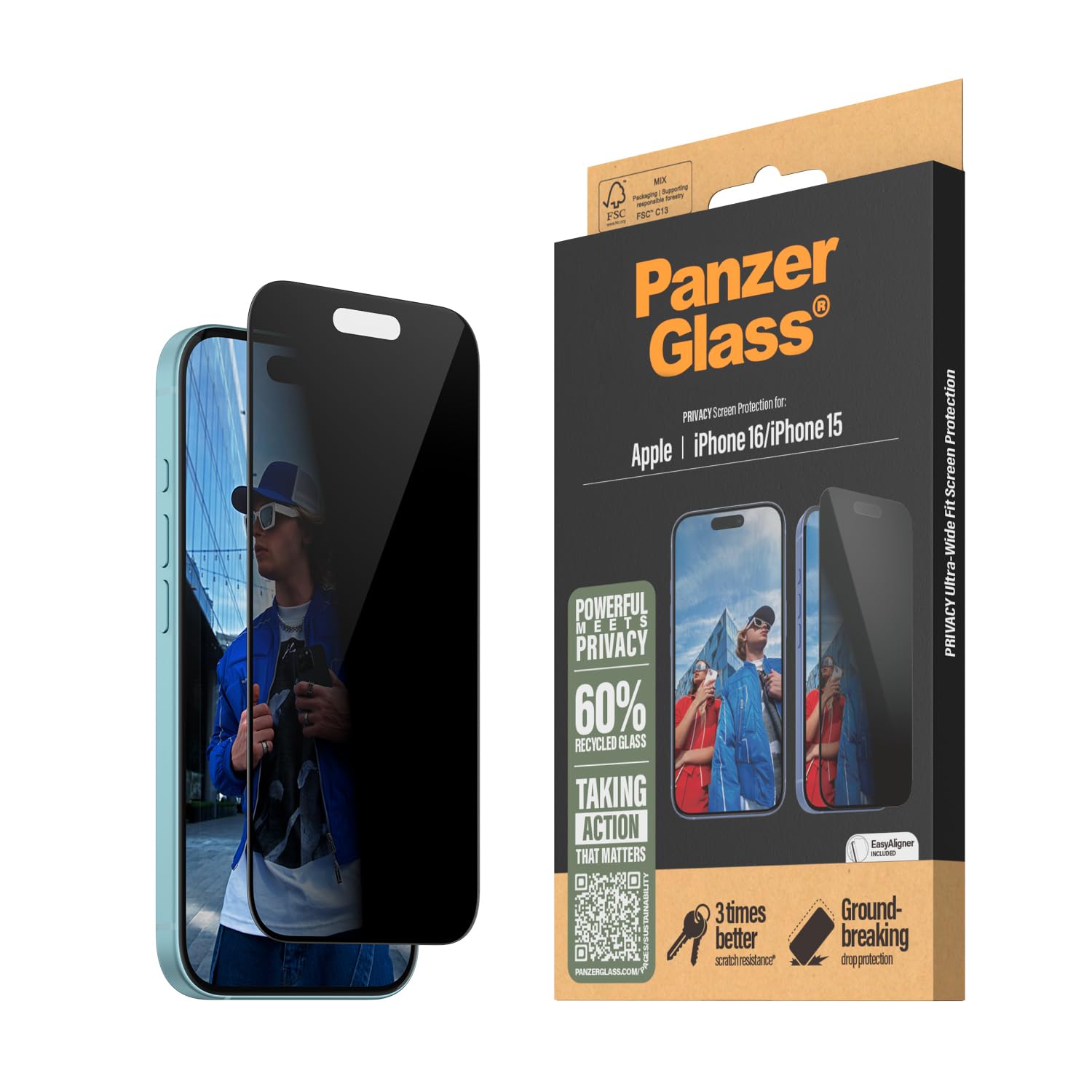 PanzerGlassPrivacy Screen Protector for Apple iPhone 16 Tempered Glass, High Scratch Resistance, Impact Resistance, Smudge-Free Coating - with mounting aid for easy installation