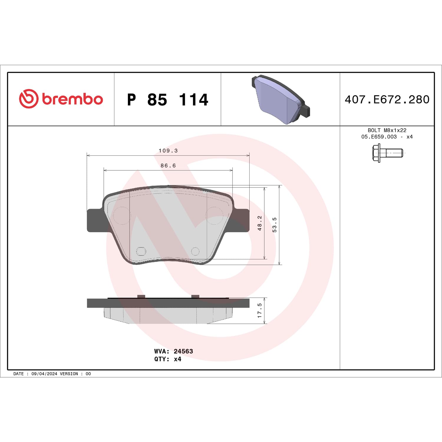 Brembo P 85 114 - Pastiglia Freno - Posteriore | Compatibile con: AUDI A1, A1 Sportback, A3, A3 Cabriolet, A3 Sportback, SEAT ALTEA, ALTEA XL, LEON, SKODA OCTAVIA II