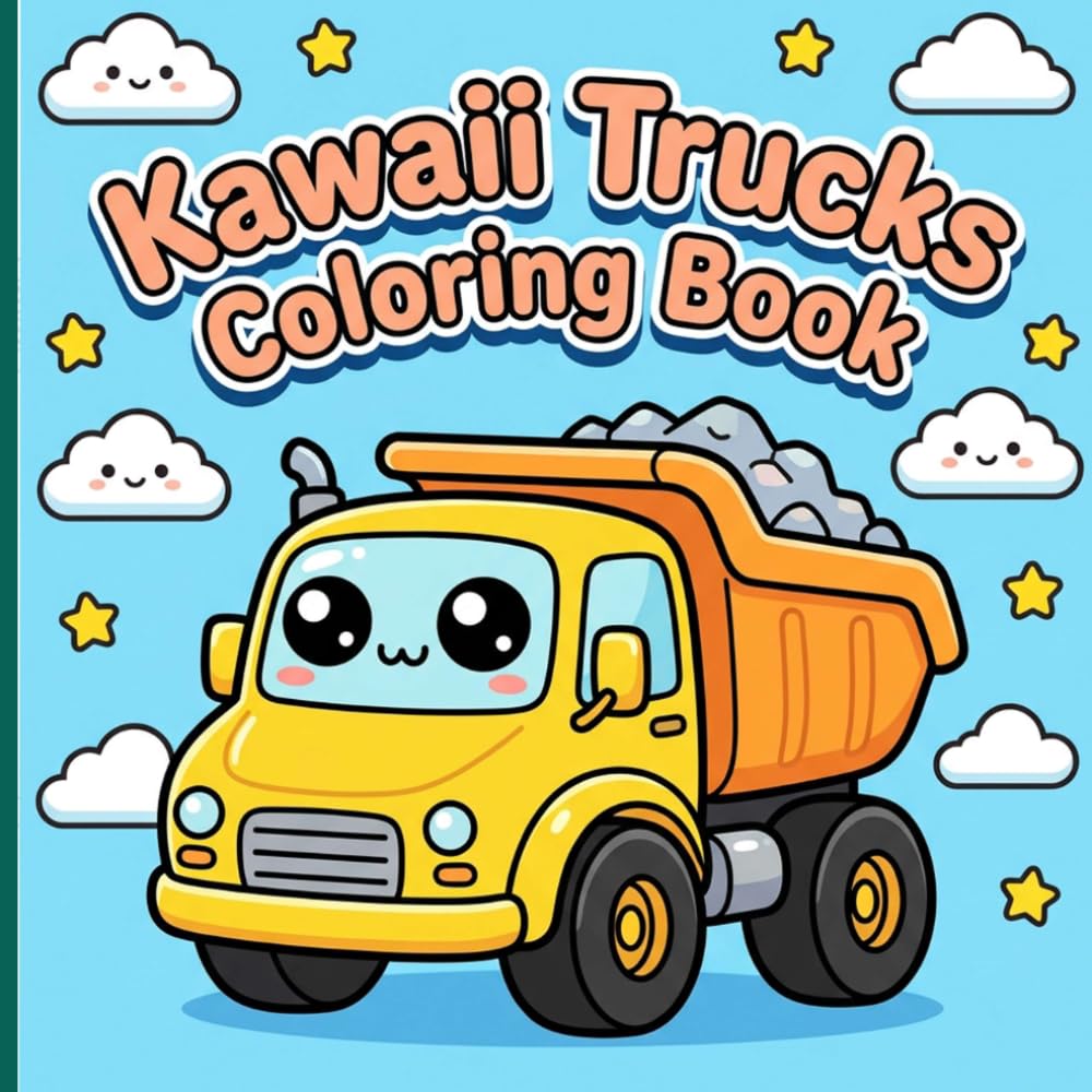 Kawaii Trucks Coloring Book: Adorable Dump Trucks and Pickups with Happy Faces and Big Eyes for Relaxation Stress Relief and Marker-Friendly Art