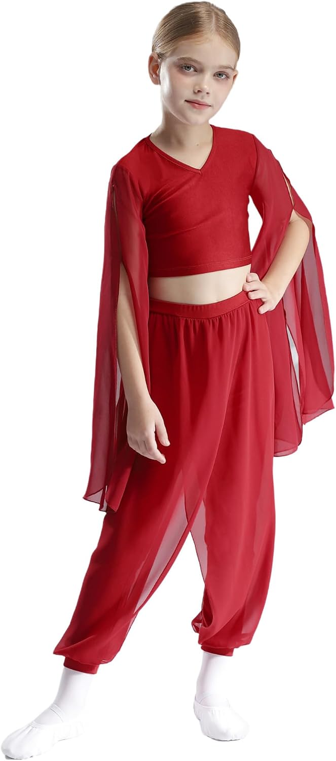 easyforever Kids Girls Belly Dance Outfit Split Flared Sleeve Crop Tops with Palazzo Pants Set Performance Dancewear Burgundy 14 Years