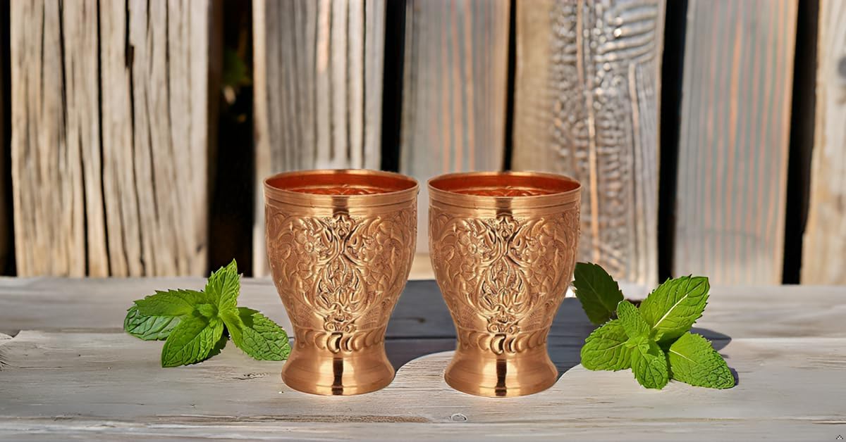 PARIJAT HANDICRAFT Copper Mint Julep Cups, Pack of 2, Flower Embossed