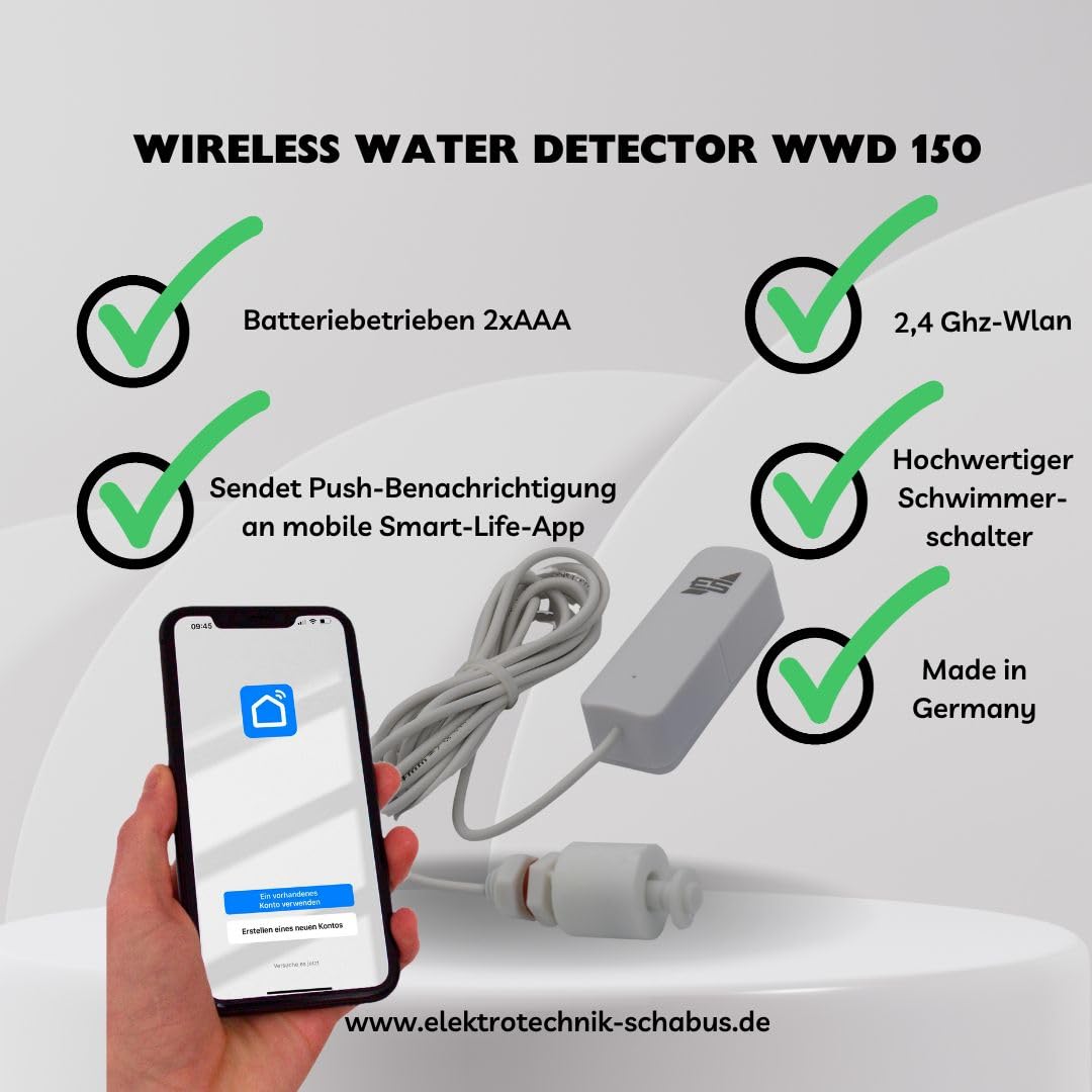 SCHABUS WWD 150 Wireless Water Detecor mit Schwimmerschalter | Batteriebetrieben, Smart-App, 2,4 GHz-WLAN, Minischwimmerschalter, Erkennung ab ca. 4 cm