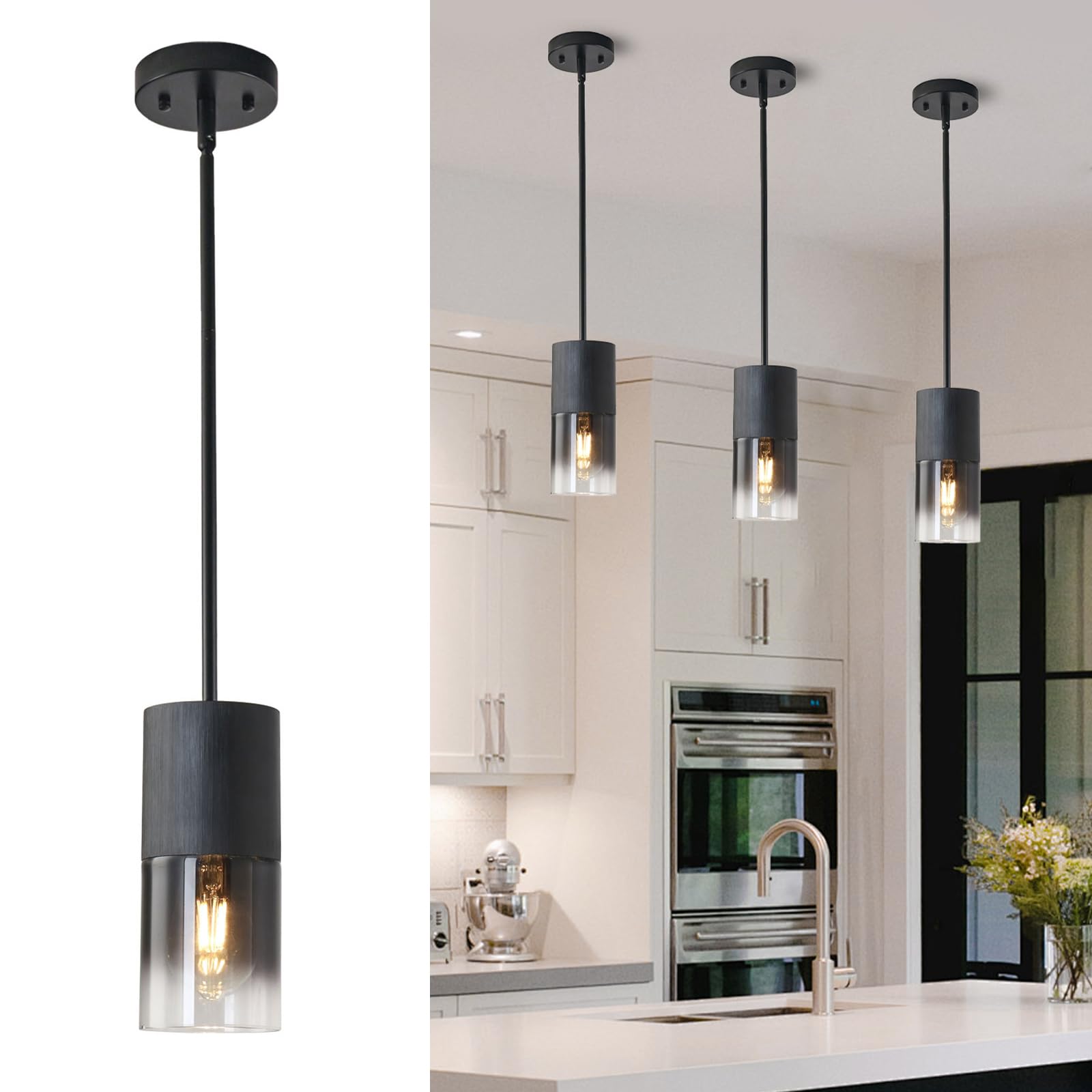 Pendant Light Fixtures, Adjustable Modern Pendant Lights for Kitchen Island, Industrial Glass Pendant Lights for Dining Table Hallway Bedroom Living Room Black 3 Packs