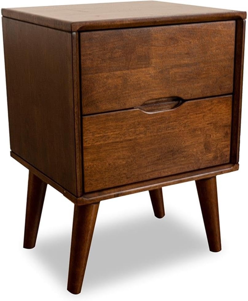 Pemberly Row Mid-Century Modern Nightstand, 2 Drawer, Solid Wood Frame, Walnut Brown Finish, 22.5 in x 17.5 in x 16 in, Durable Bedside Table, Compact Design for Bedroom or Living Room Use