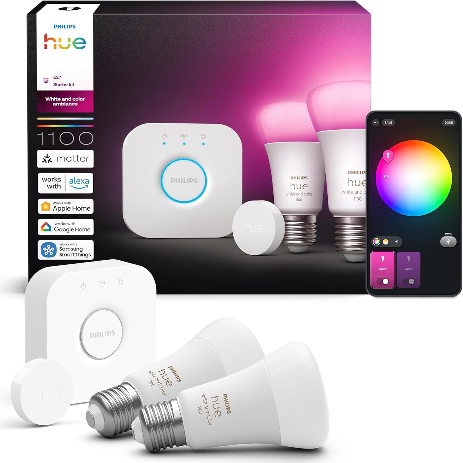 Philips Hue Kit Inicio Pro: Bridge, Smart button, 2 bombillas led inteligentes E27, Luz Led Blanca y Colores, funciona con Apple Home, Amazon Alexa, Google Assistant, Samsung SmartThings
