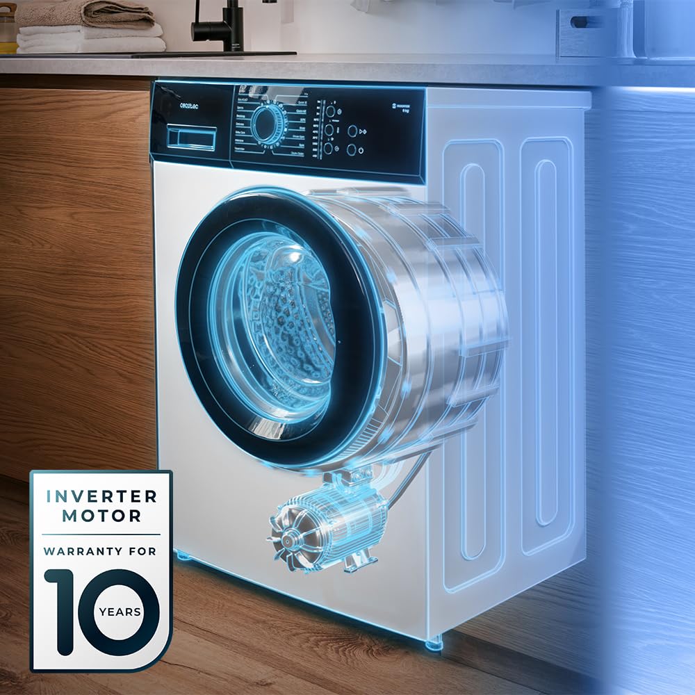 Cecotec Lavadora 6Kg Carga Frontal Bolero DressCode 620 Inverter. 1000RPM, 16 Programas, Bajo Consumo, Motor Inverter Plus, Función Vapor, Pre-Lavado, Programa Rápido 15', Spa Care y Delay Start