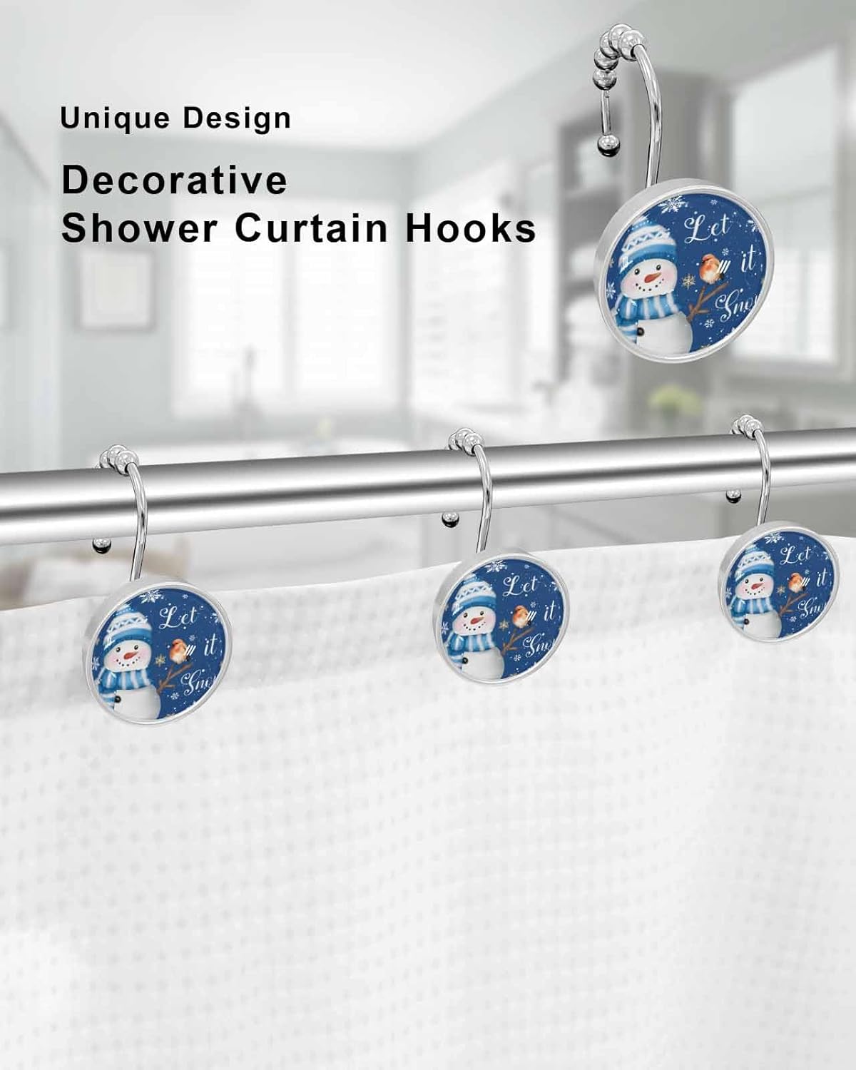 Shower Curtain Hooks 12 Pcs Christmas Winter Snowman Snowflake Cute Bird Blue Stainless Steel Rust Proof Rolling Shower Curtain Rings, Decorative Shower Curtain Hooks Hangers for Bathroom