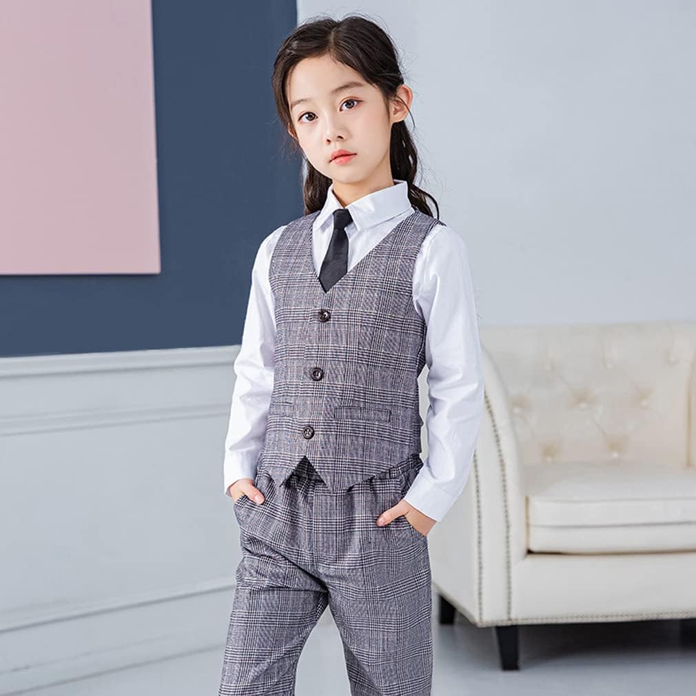 [DKA] 女の子 スーツ 5点セット ジャケット ベスト シャツ パンツ ネクタイ チェック柄 フォーマル 子供服 ジュニア 小学生 卒業式 入学式 七五三 発表会