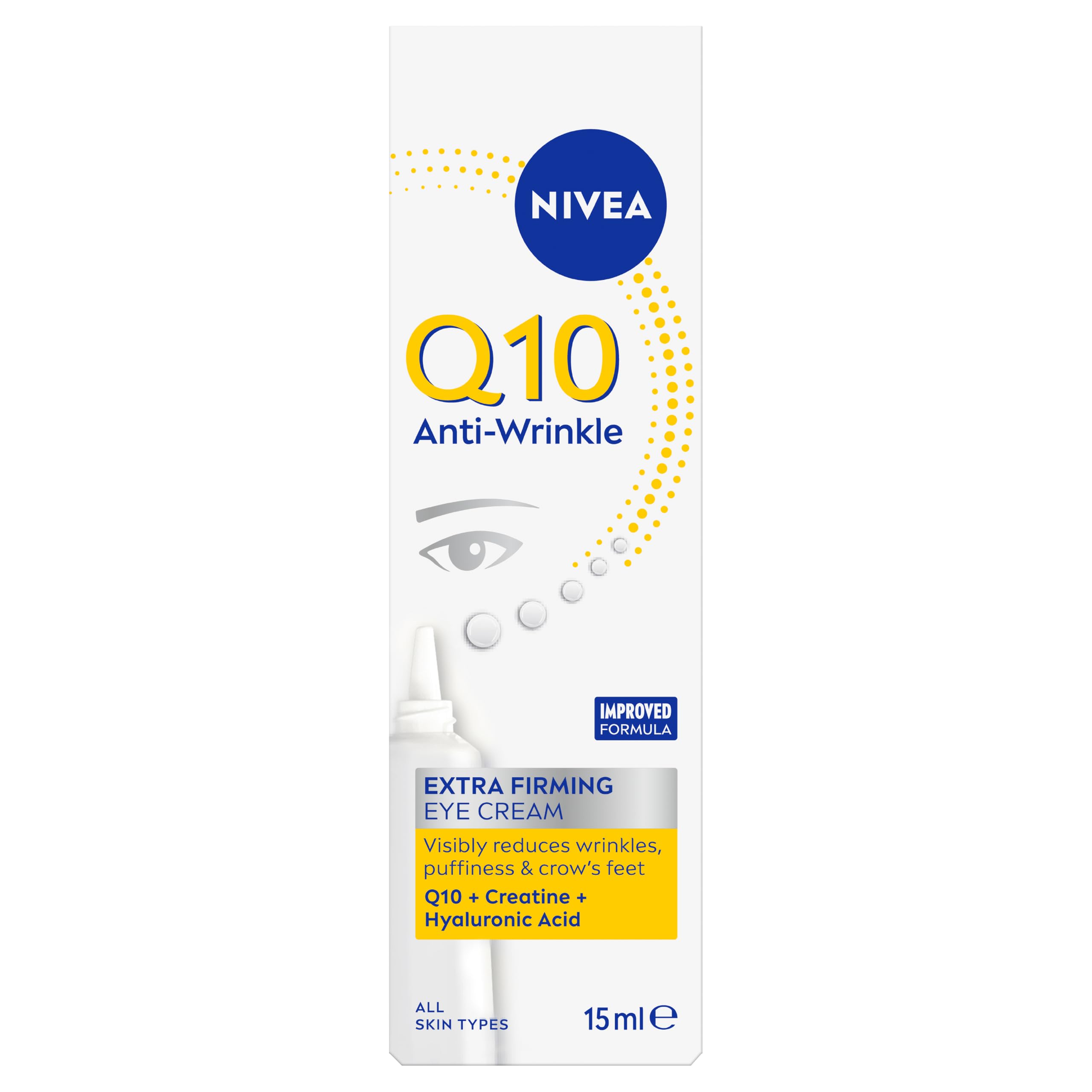 NIVEA Q10 Power Kırışık Karşıtı Sıkılaştırıcı Göz Kremi, 15 ml, Hassas Göz Çevresi, Şişkinlik,Hyaluronik Asit,Kreatin,Hafif Formül
