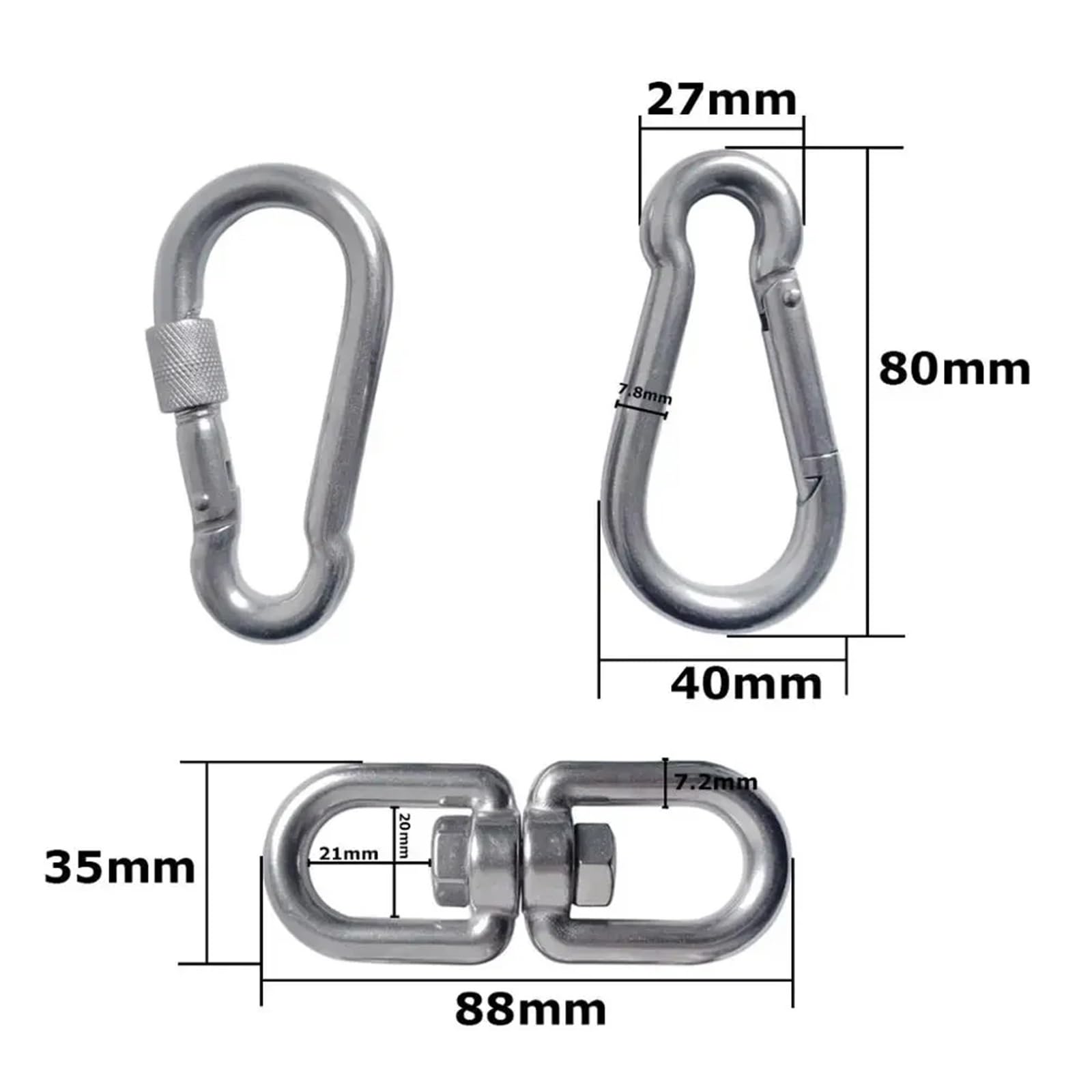 Gancho de ojo giratorio de doble extremo de acero inoxidable 304 y mosquetón de seguridad gancho de resorte conector de anillo de grillete giratorio Juego de 3(M8)