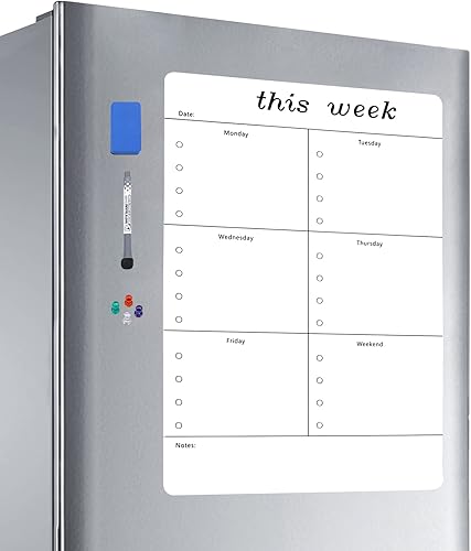 Aelfox Pizarra de borrado en seco semanal de 17 x 12 pulgadas para refrigerador, pizarra magnética para refrigerador con marcador de borrado en seco