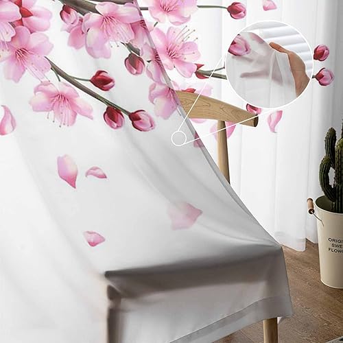 Miniatura 5 de Cortinas semitraslúcidas con bolsillo para barra, cortinas traslúcidas con diseño de flores de cerezo para ventana de 63 pulgadas de largo, juego de