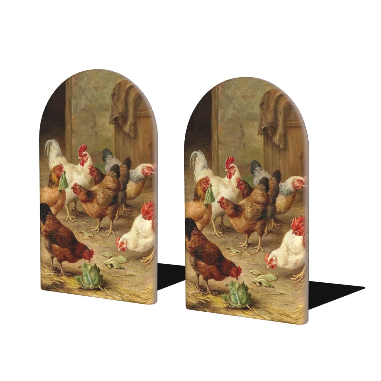 Aapika Roast Chicken Hen Farm Printed Wooden Bookends - Set Of 2 Book Ends For Book Lovers & Organizers