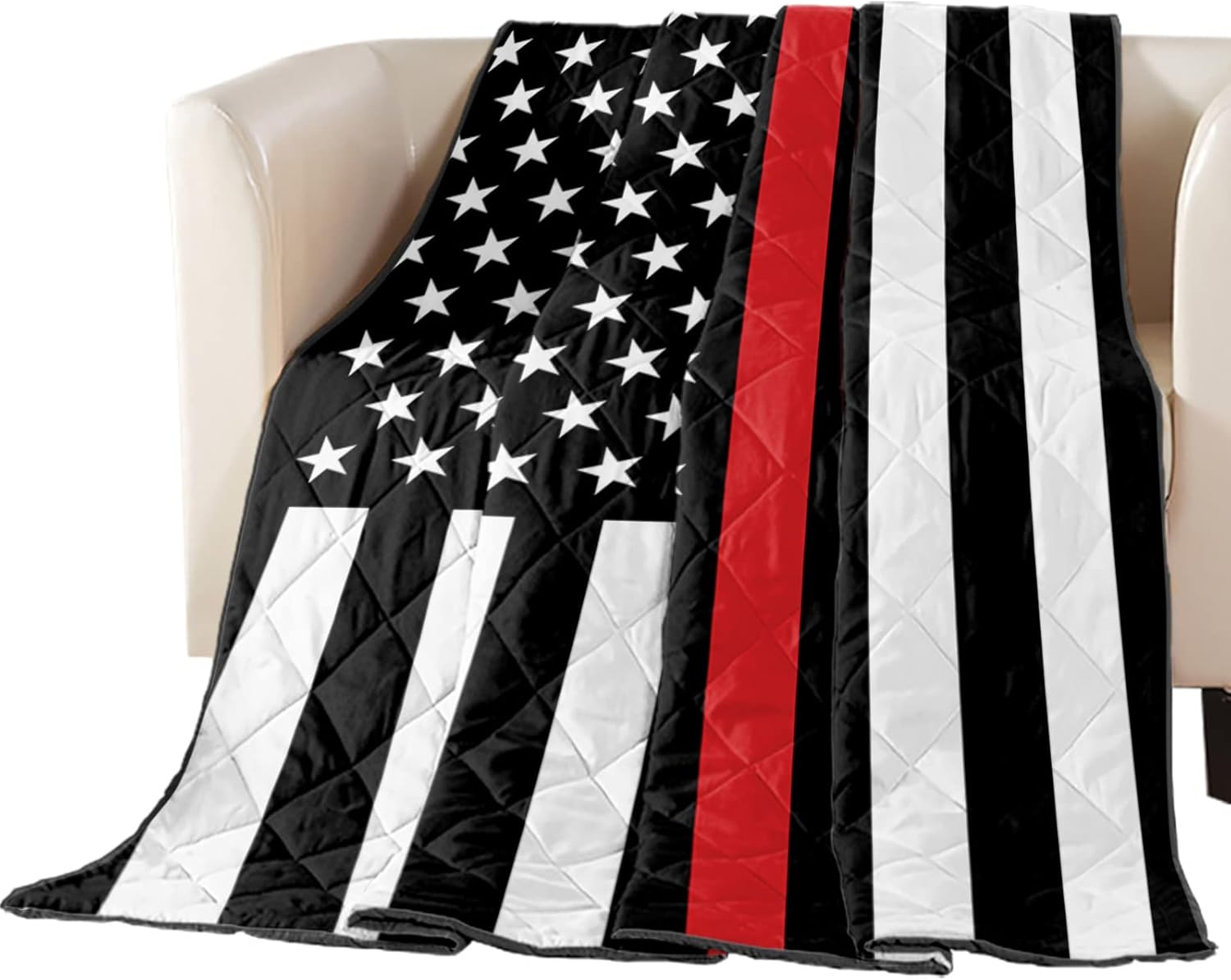 Quilt California King Luxury Quilted Comforter Bedspread-Thin Soft Cozy, Thin Red Line Flags American Firefighter Red Stripes Flag Reversible Stitched Summer Lightweight Quilt Coverlet for All Season