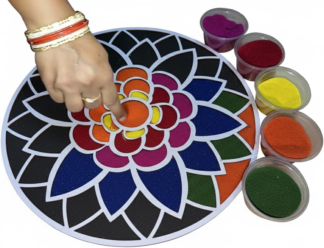 Reusable Portable Rangoli Template Mat. Readymade Rangoli Stencil. Just Fill with Rangoli or Petals. Traditional Design. Modern Day Ease of Use. Washable. Floating. (Design C) (11.5 Inch)