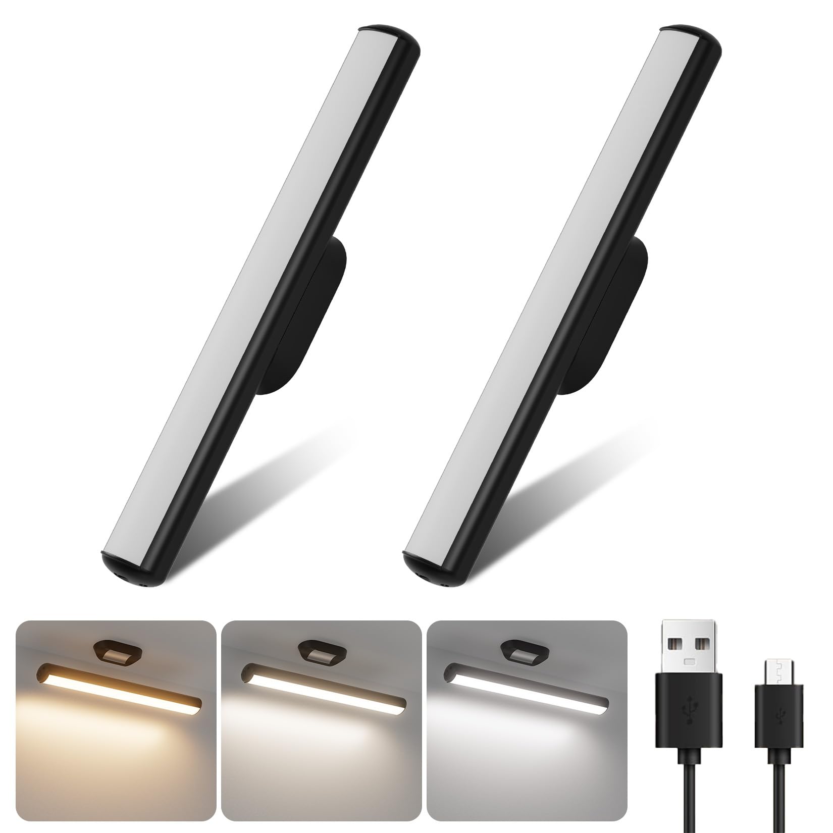 Klighten 2 Piezas Lampara LED Escritorio Bateria 4000mAh, Flexo Led Escritorio Sin Cable Regulable, Luz Armario USB Recargable, 2W Lámpara de Mesa Táctil, Luz Magnética Pilas para Cocina, Lectura