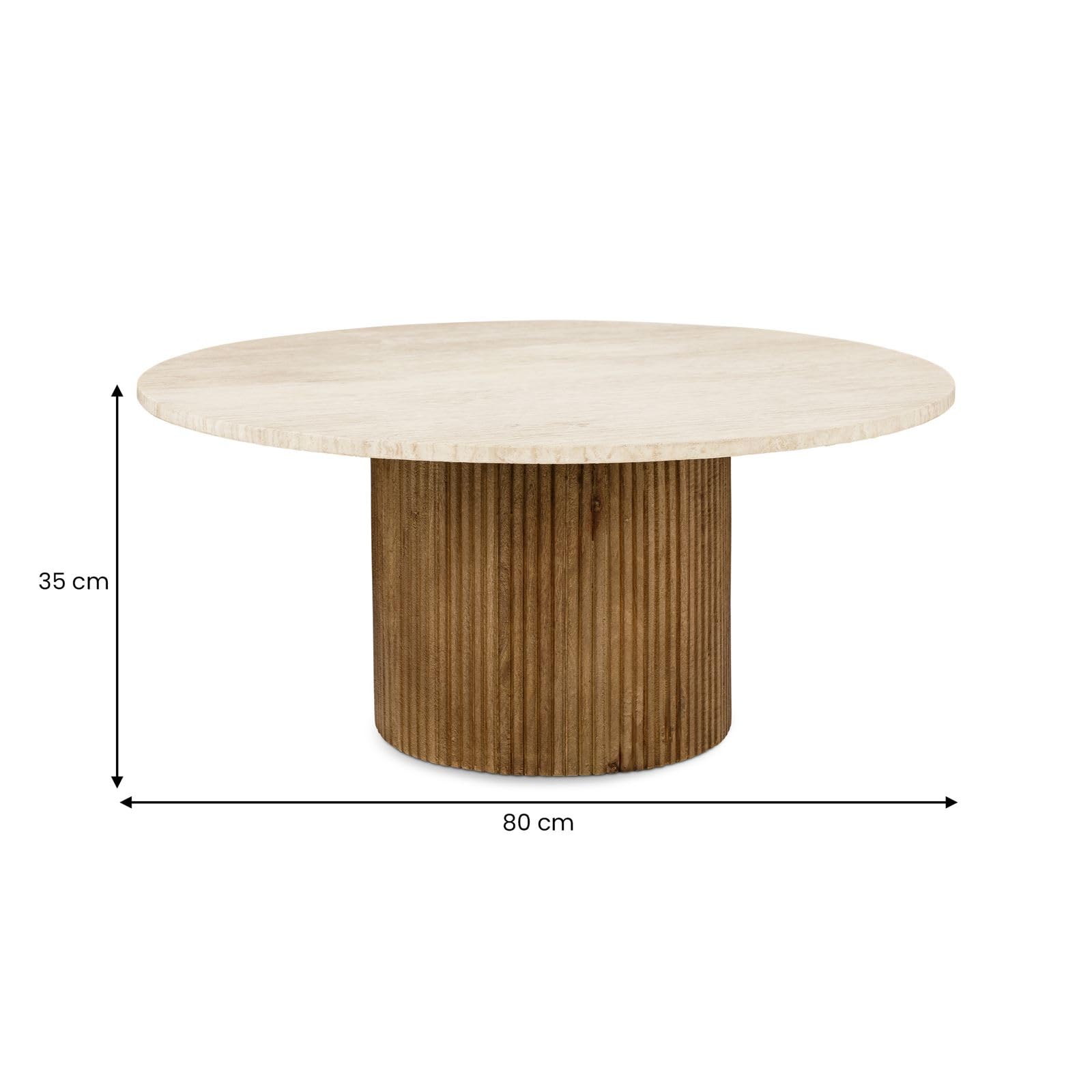 IDIMEX Couchtischset NARMADA/Mandi mit Tischplatte aus Travertin, Braun/Beige - Runder Beistelltisch im 2er Set, rundes Holzgestell aus Mangoholz, Wohnzimmertisch, Coffee Table