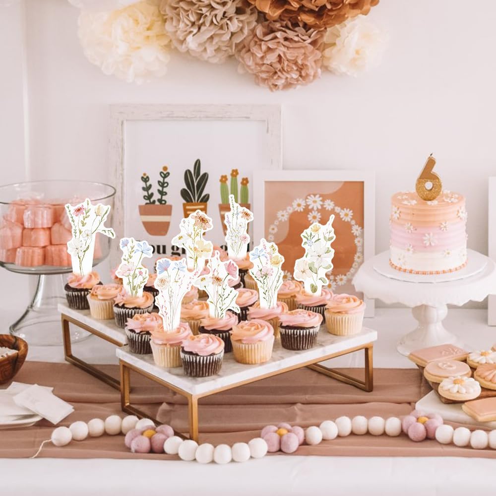 48PCS Wildflower Cupcaket Topper, Baby in Bloom Cupcake Decorations, Floral Wildflower Cupcake Toppers for Baby Shower, Wedding, Birthday Party Decor Women Girls. - Image 4