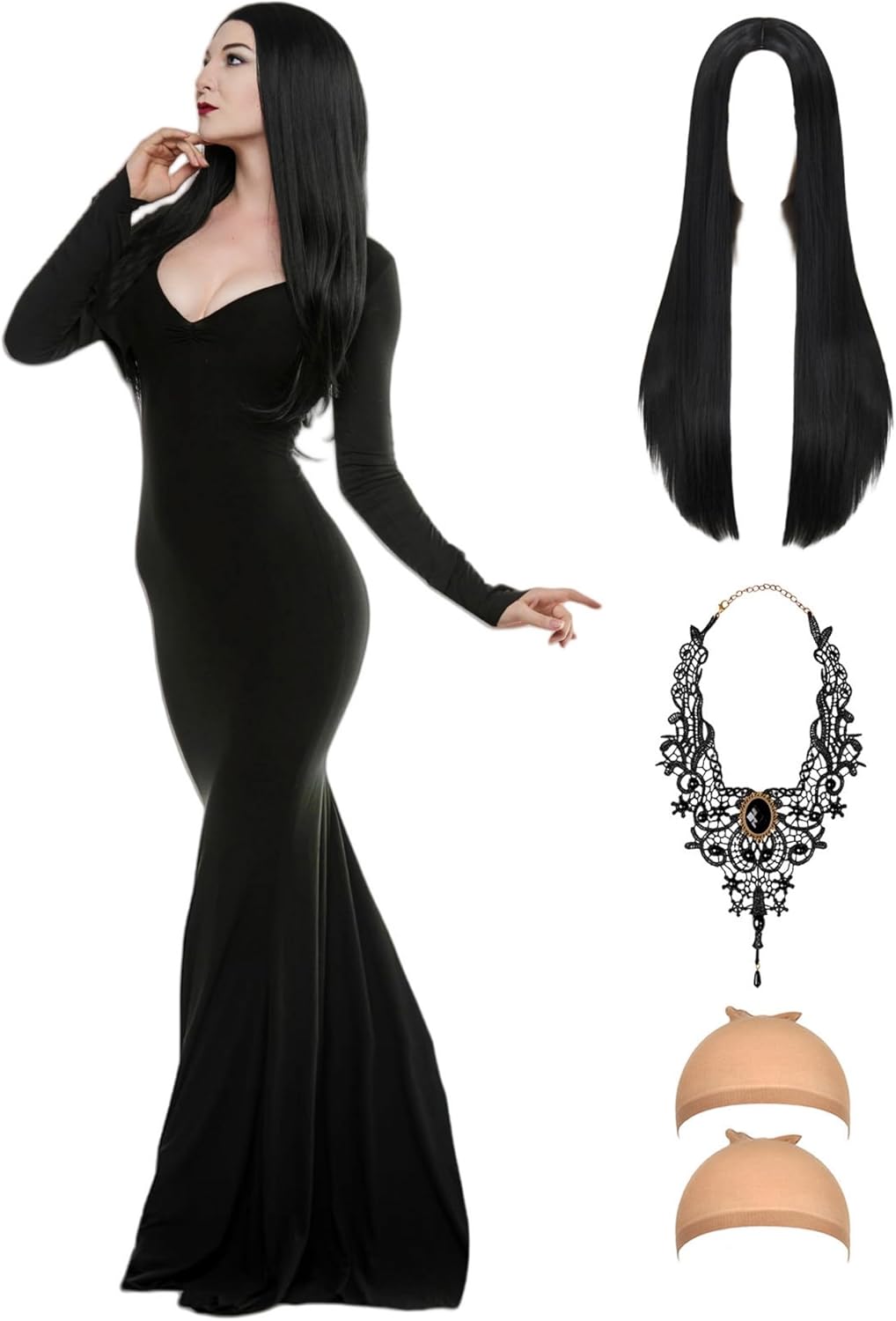 Oumbivil Adult Black Dress for Goth Costume Women Family Party Dress Up with Wig Necklace for Vampire Witch Costumes Large