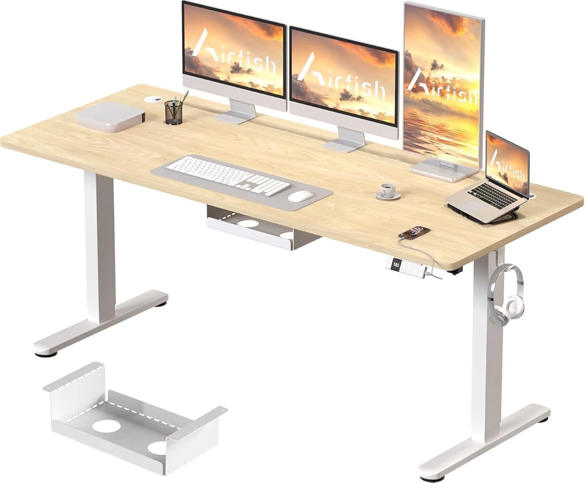Airfish Escritorio Elevable 160×80cm de 18 mm de Grosor, Escritorio Regulable en Altura con Puerto Type-C y Ruedas Reemplazables,Mesa de Oficina Elevable,Beige