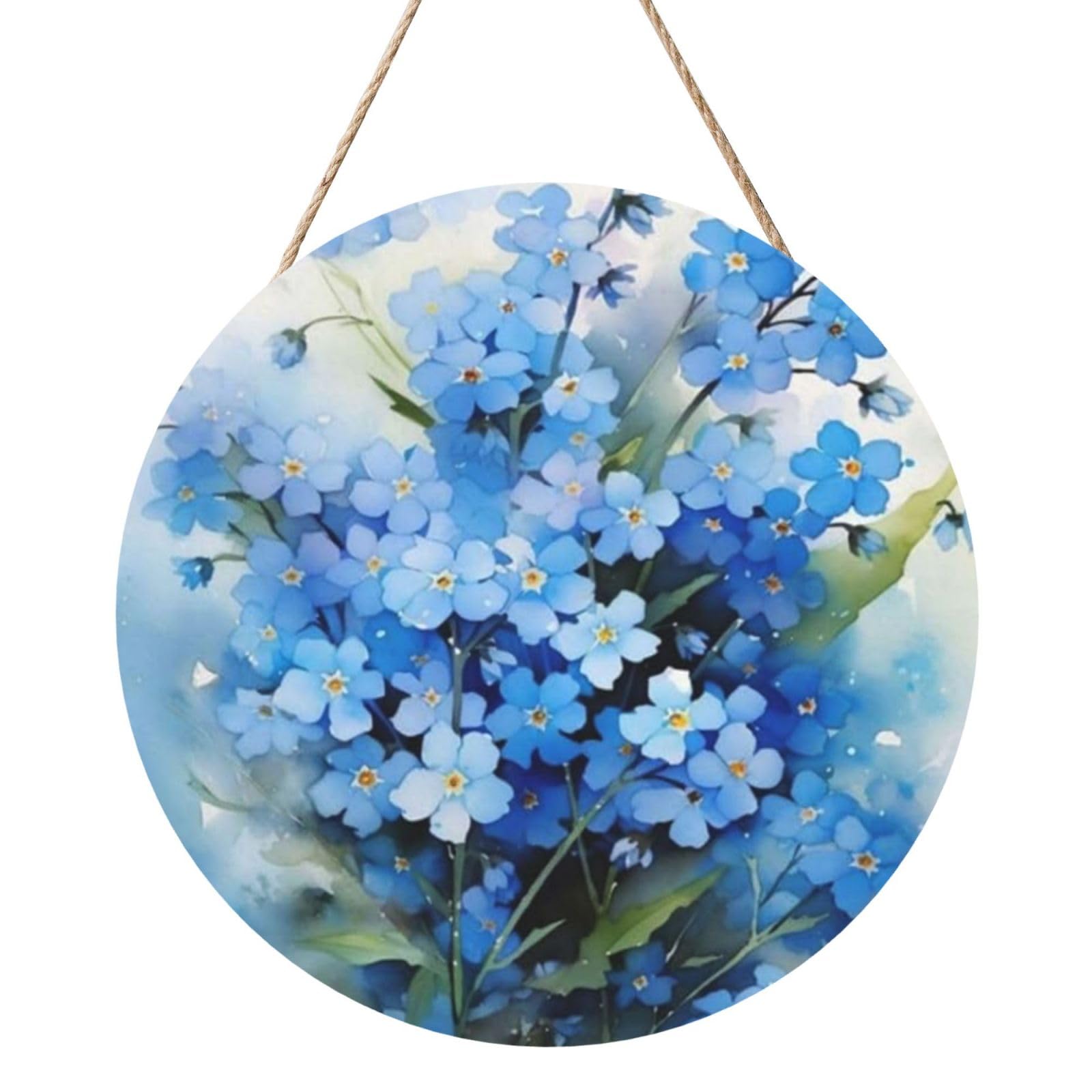 InOmak Watercolor Forget Me Not Flowers, Round Wood Panel Painting 12 in, Wall Hanging Painting For Home
